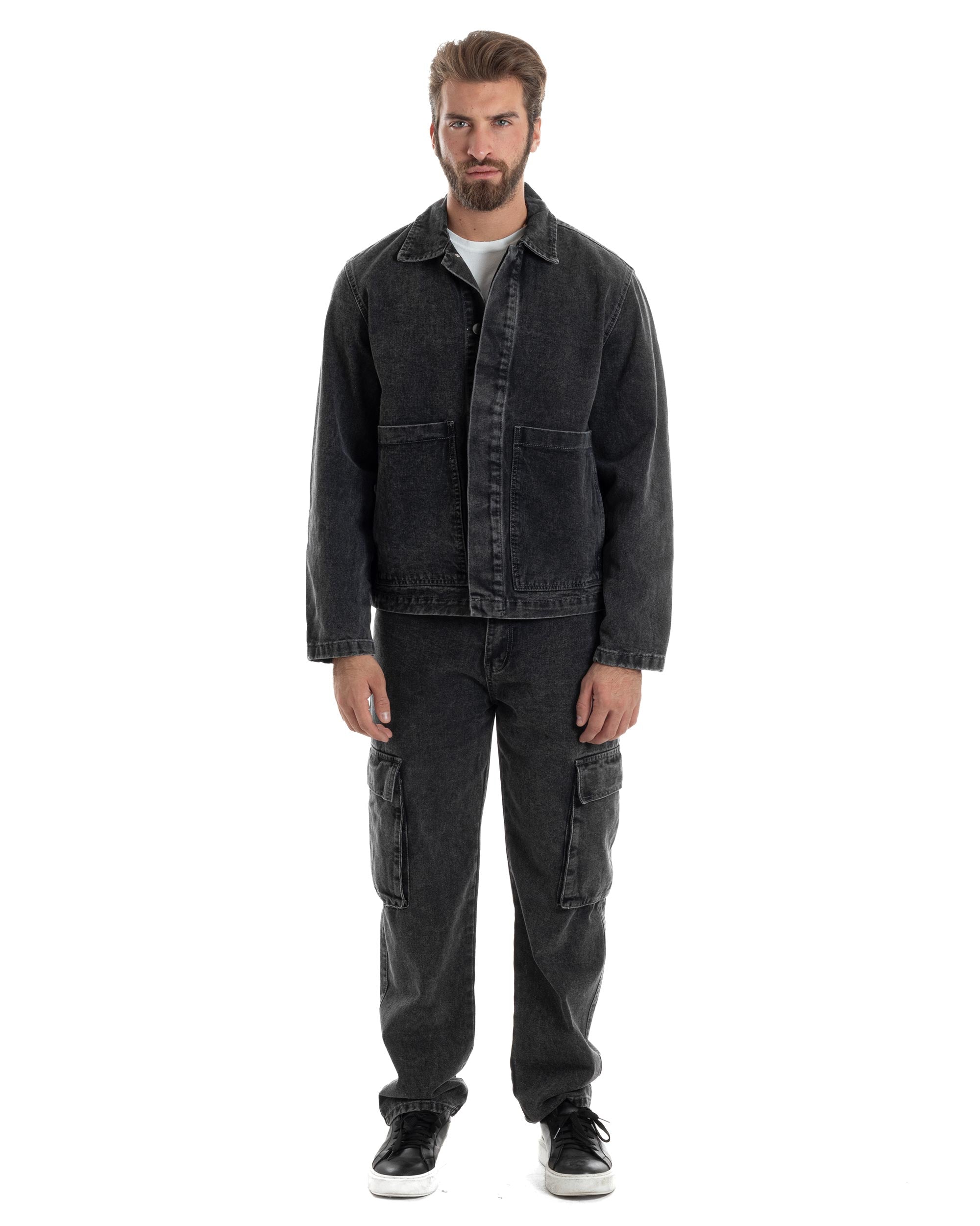 Coordinato Uomo Jeans Completo Denim Nero Giacca Giubbotto Pantaloni Cargo Casual GIOSAL-OU2486A