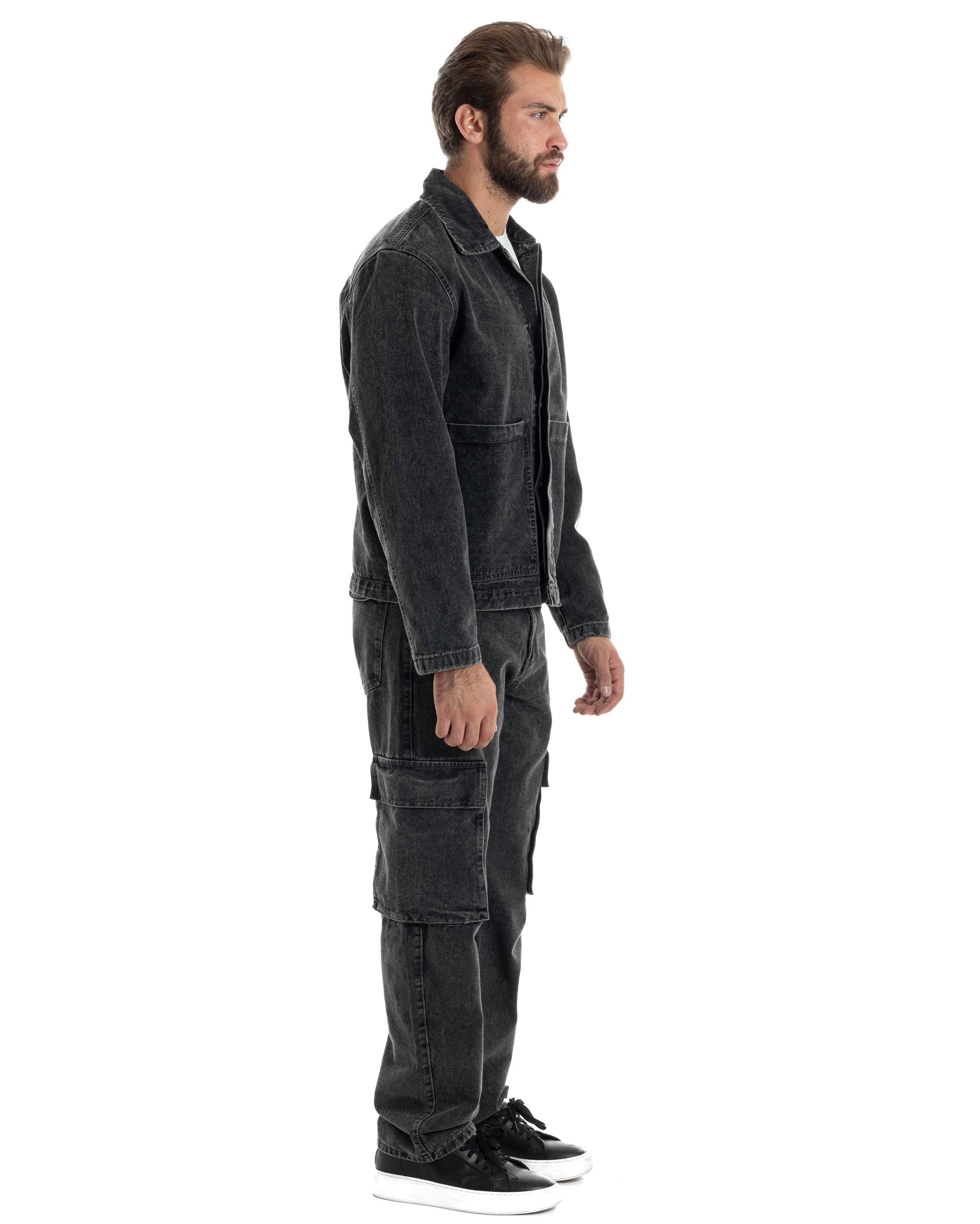 Coordinato Uomo Jeans Completo Denim Nero Giacca Giubbotto Pantaloni Cargo Casual GIOSAL-OU2486A