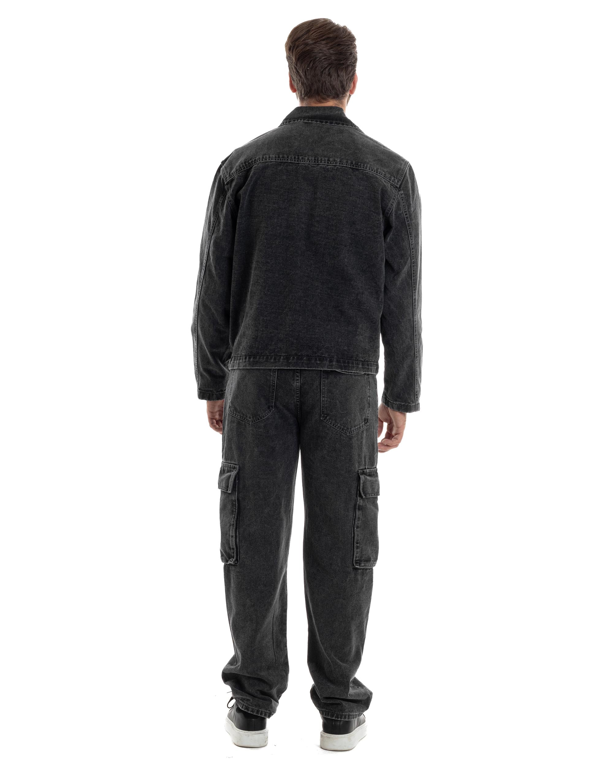 Coordinato Uomo Jeans Completo Denim Nero Giacca Giubbotto Pantaloni Cargo Casual GIOSAL-OU2486A