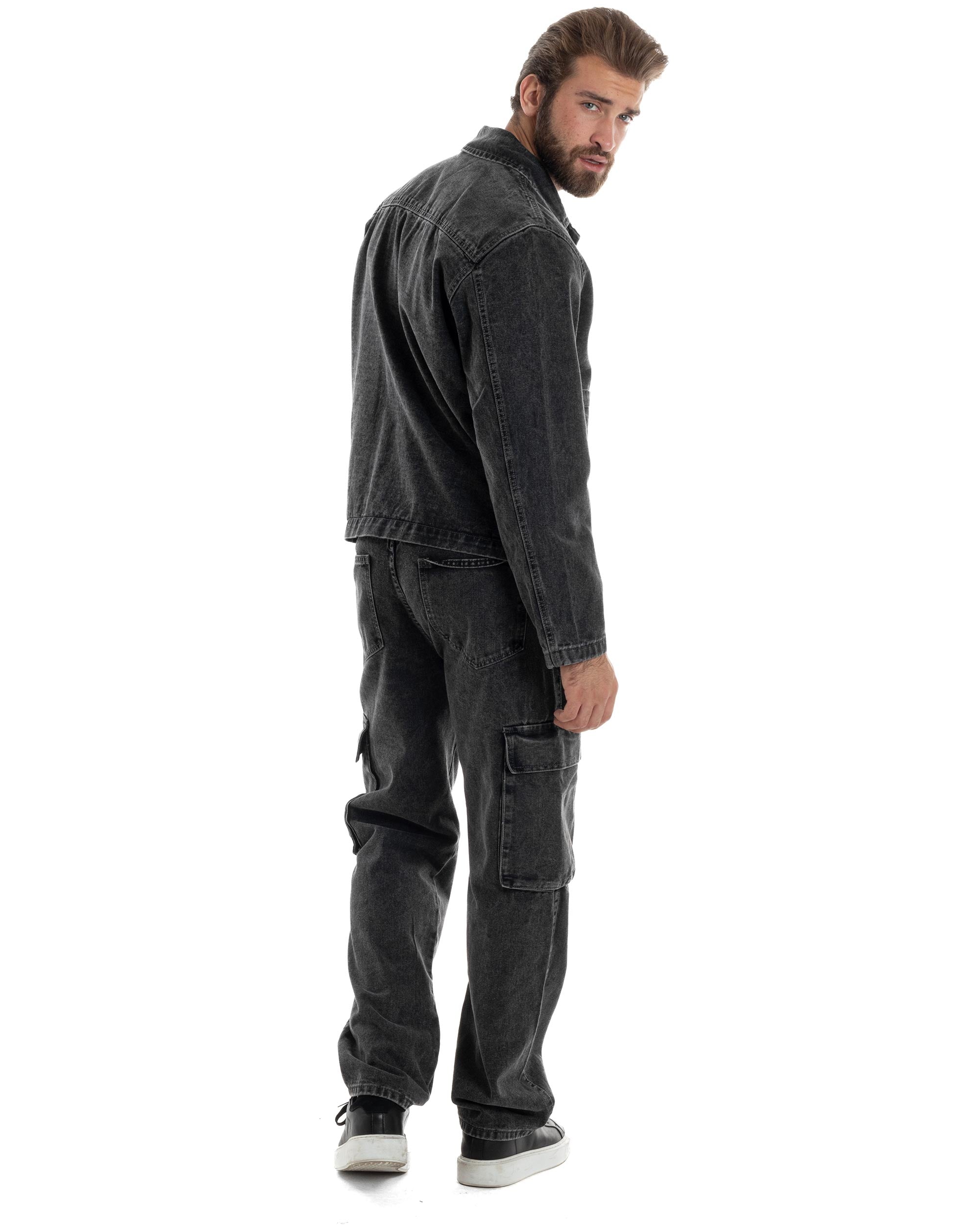 Coordinato Uomo Jeans Completo Denim Nero Giacca Giubbotto Pantaloni Cargo Casual GIOSAL-OU2486A