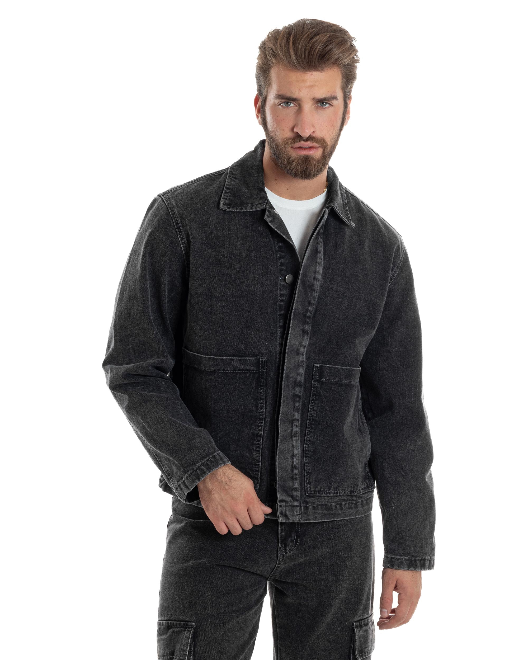 Coordinato Uomo Jeans Completo Denim Nero Giacca Giubbotto Pantaloni Cargo Casual GIOSAL-OU2486A