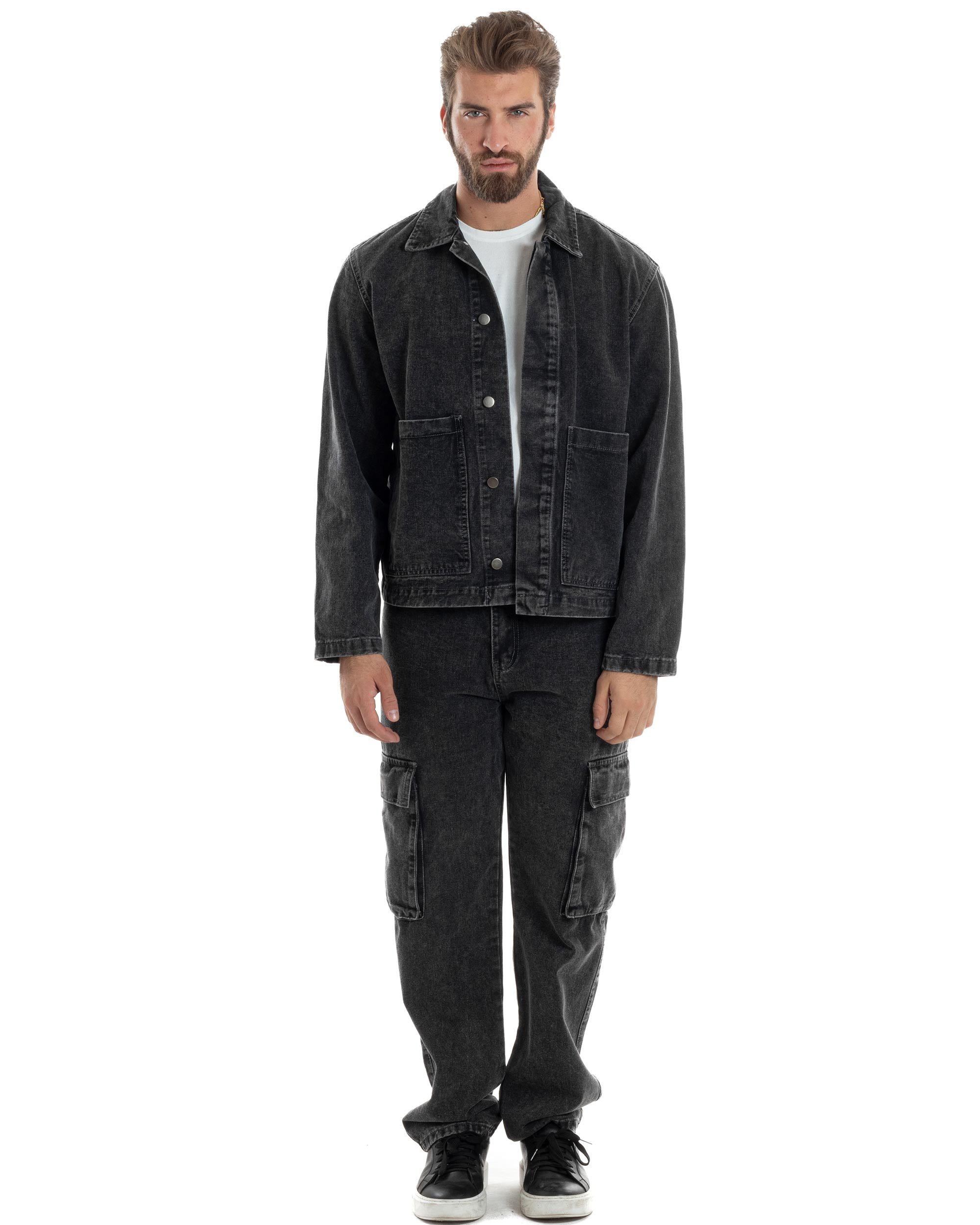 Coordinato Uomo Jeans Completo Denim Nero Giacca Giubbotto Pantaloni Cargo Casual GIOSAL-OU2486A