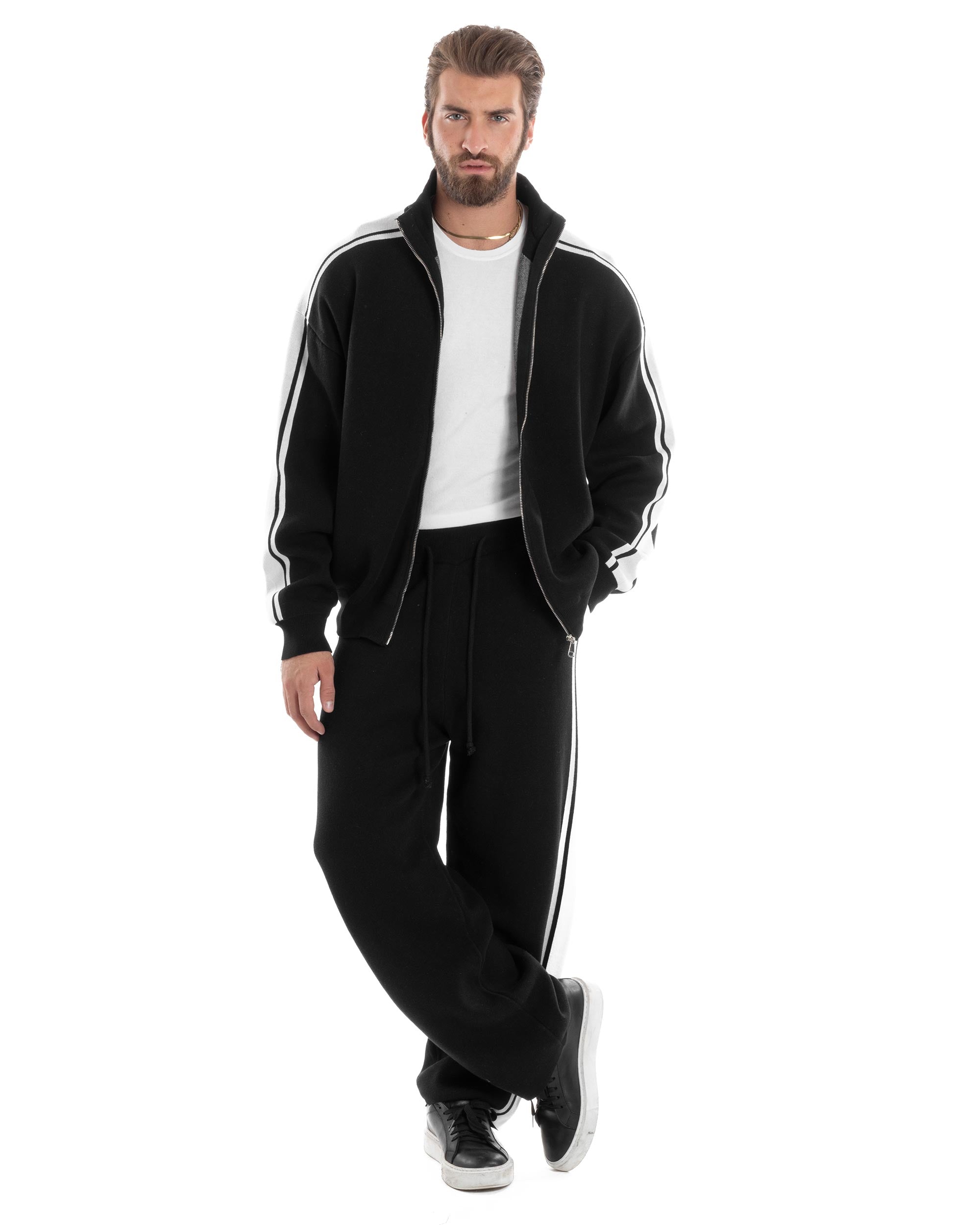 Coordinato Uomo In Maglia Outfit Caldo Morbido Felpa Pantaloni Baggy Riga Lato Casual Nero GIOSAL-OU2487A