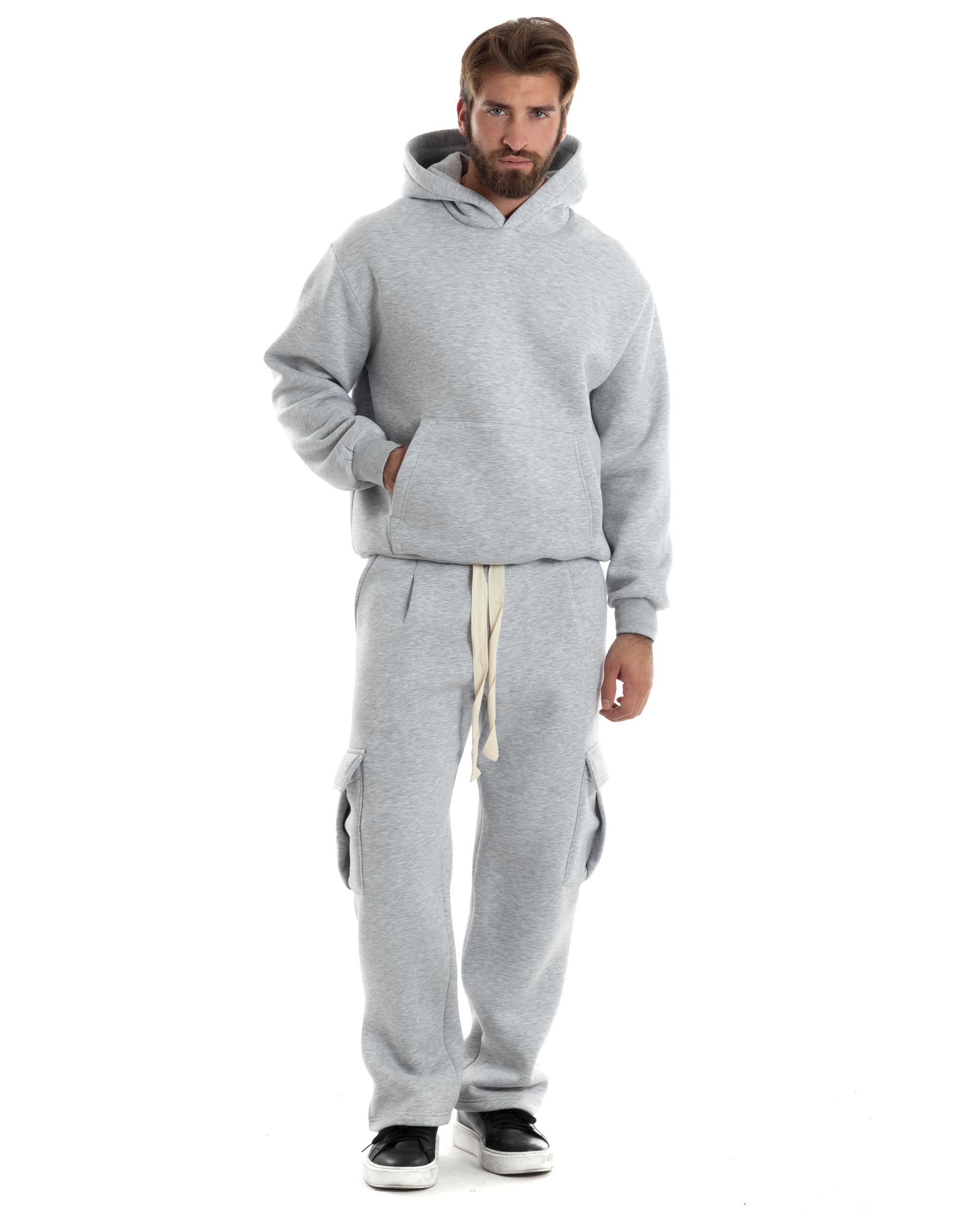 Completo Tuta Uomo Coordinato Outfit Felpa Con Cappuccio Pantaloni Cargo Ampio Relaxed Tinta Unita Grigio GIOSAL-OU2488A