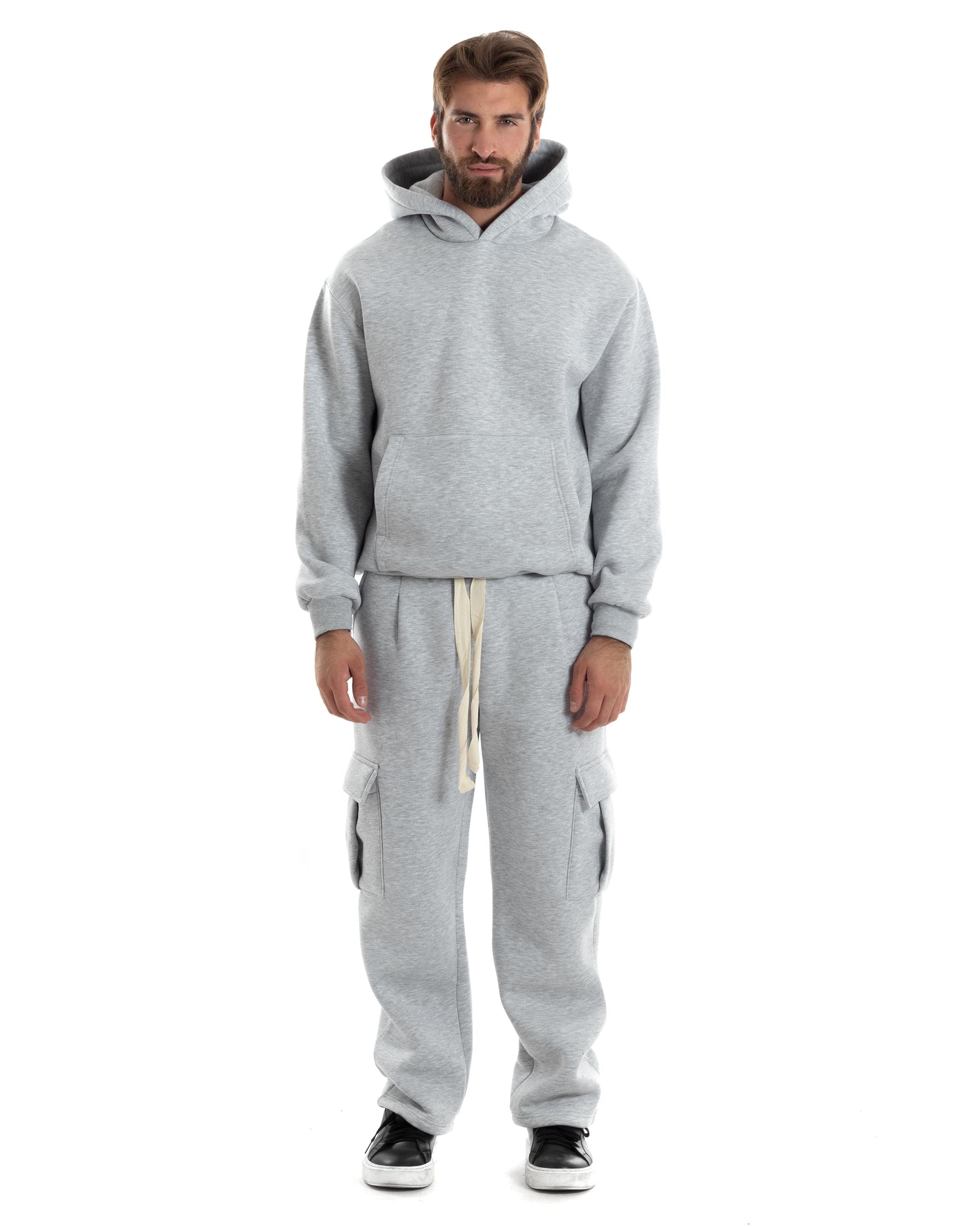 Completo Tuta Uomo Coordinato Outfit Felpa Con Cappuccio Pantaloni Cargo Ampio Relaxed Tinta Unita Grigio GIOSAL-OU2488A