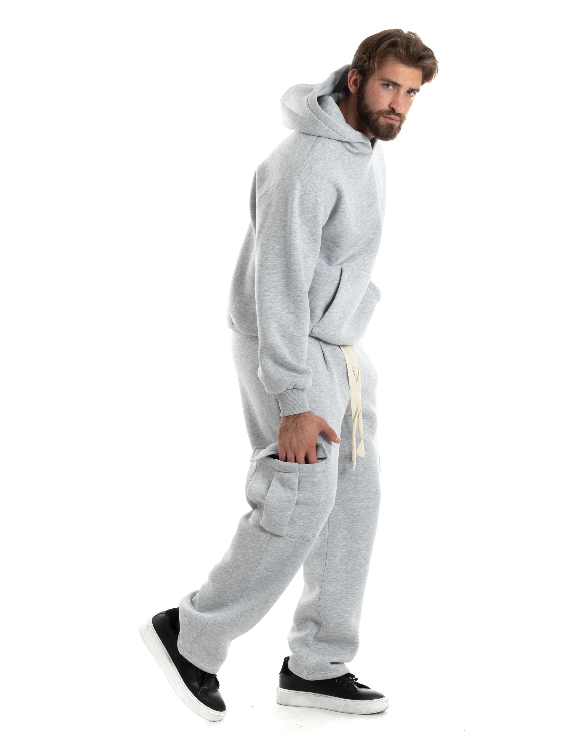 Completo Tuta Uomo Coordinato Outfit Felpa Con Cappuccio Pantaloni Cargo Ampio Relaxed Tinta Unita Grigio GIOSAL-OU2488A