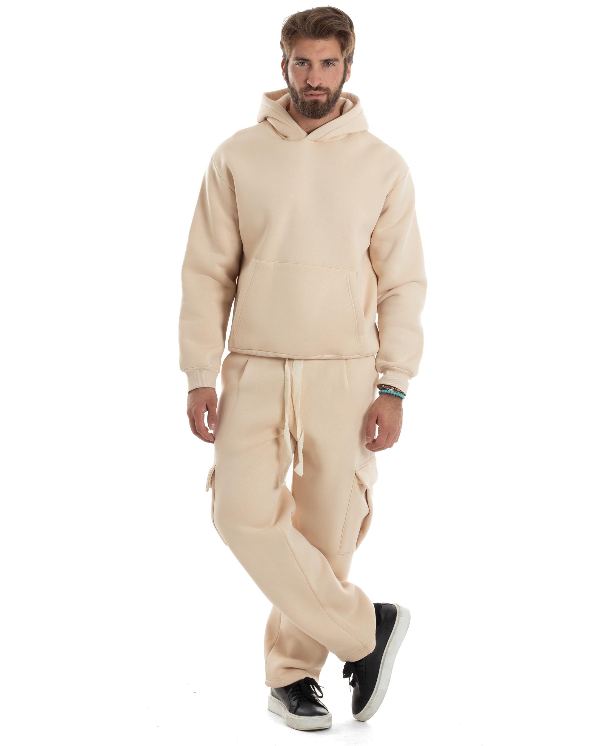 Completo Tuta Uomo Coordinato Outfit Felpa Con Cappuccio Pantaloni Cargo Ampio Relaxed Tinta Unita Beige GIOSAL-OU2489A