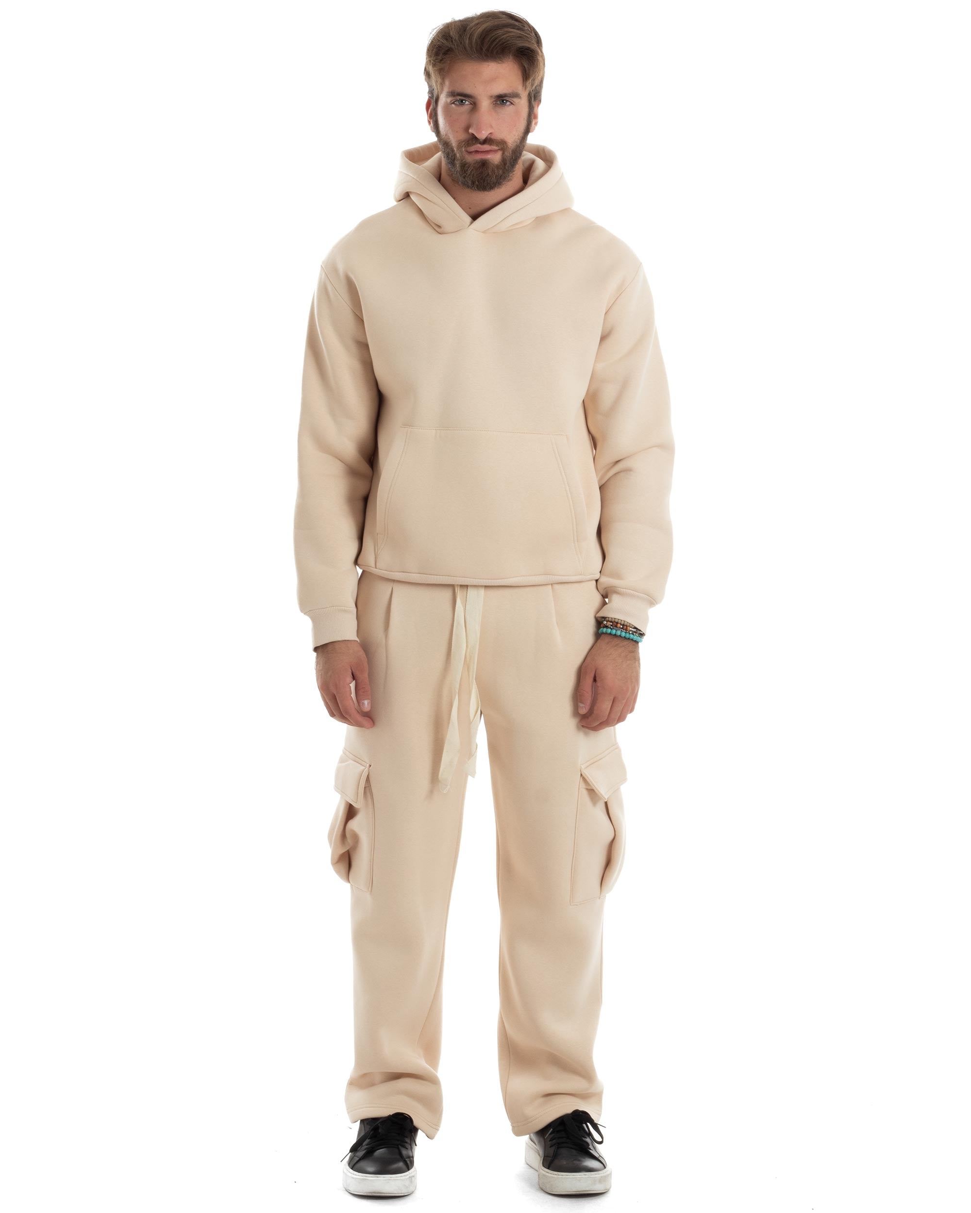 Completo Tuta Uomo Coordinato Outfit Felpa Con Cappuccio Pantaloni Cargo Ampio Relaxed Tinta Unita Beige GIOSAL-OU2489A