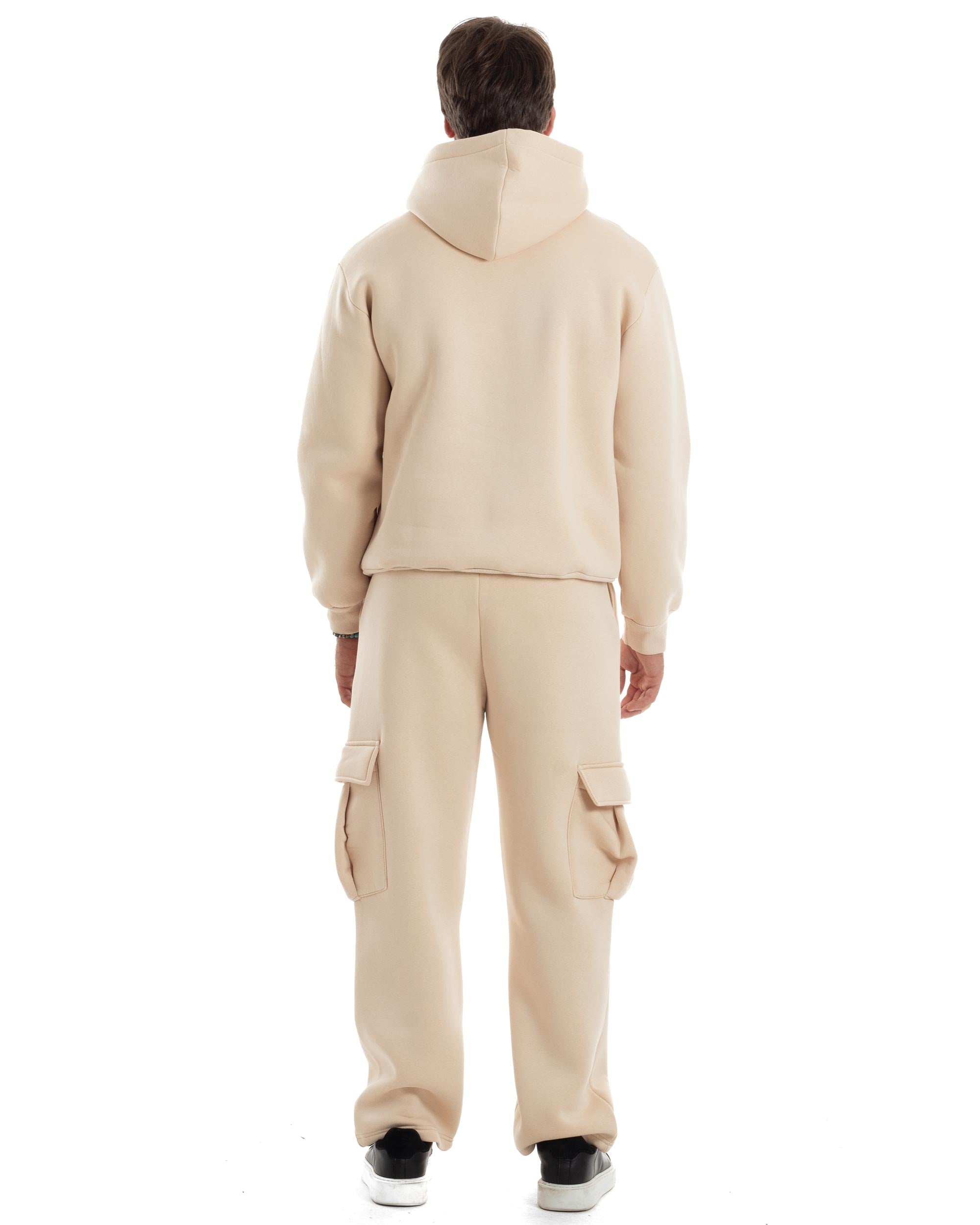 Completo Tuta Uomo Coordinato Outfit Felpa Con Cappuccio Pantaloni Cargo Ampio Relaxed Tinta Unita Beige GIOSAL-OU2489A