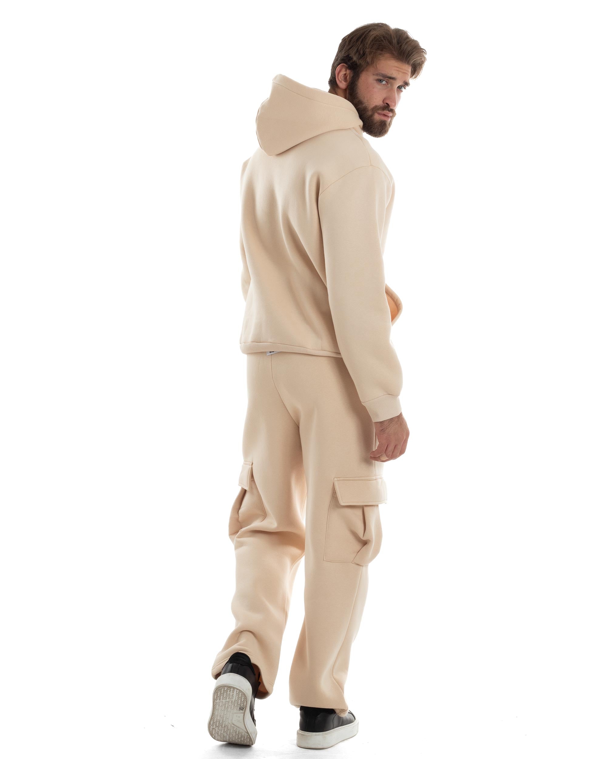 Completo Tuta Uomo Coordinato Outfit Felpa Con Cappuccio Pantaloni Cargo Ampio Relaxed Tinta Unita Beige GIOSAL-OU2489A