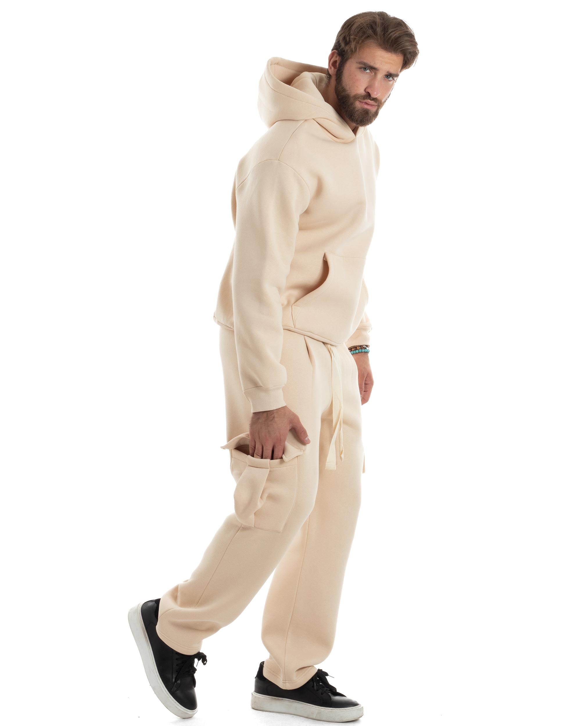 Completo Tuta Uomo Coordinato Outfit Felpa Con Cappuccio Pantaloni Cargo Ampio Relaxed Tinta Unita Beige GIOSAL-OU2489A