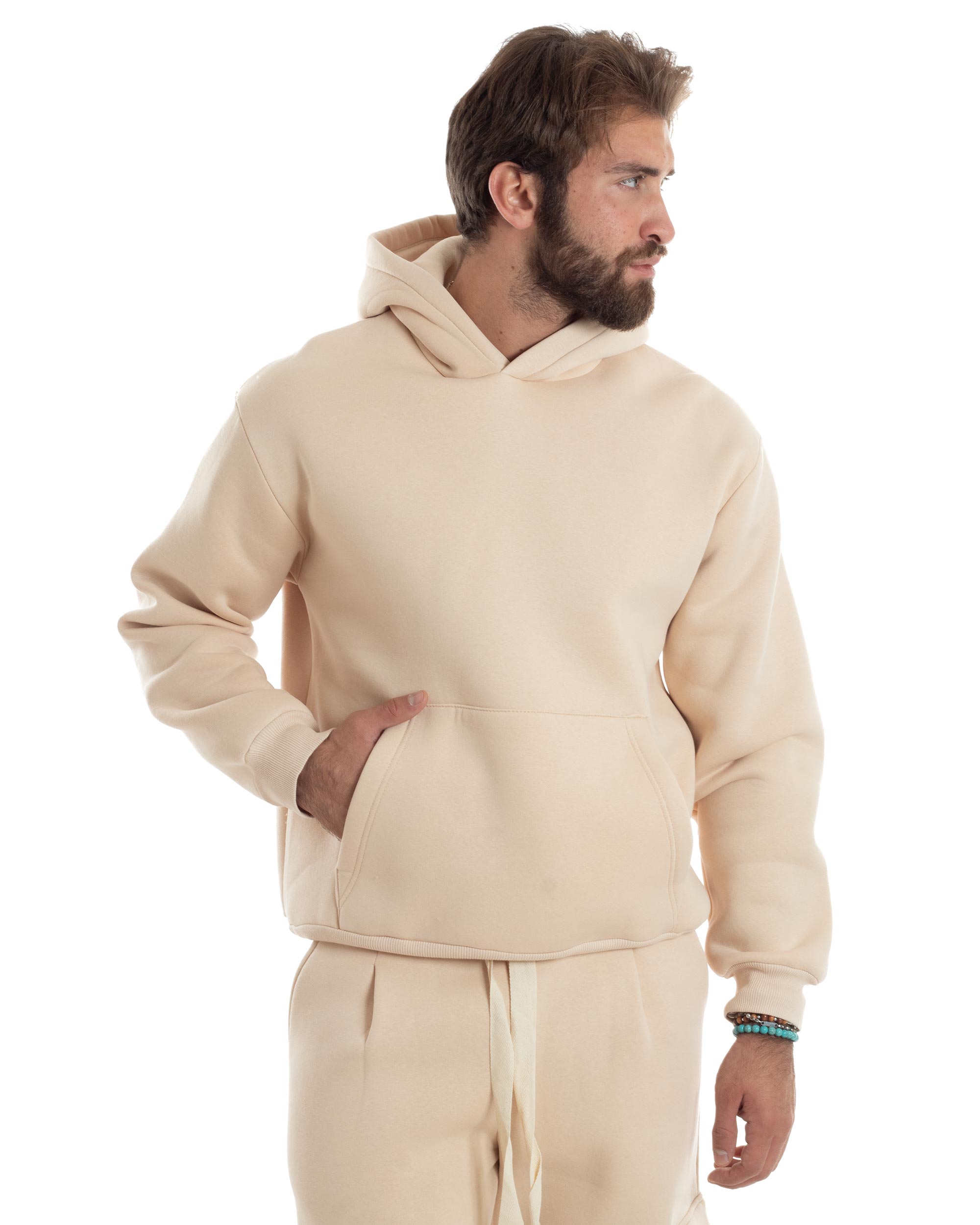 Completo Tuta Uomo Coordinato Outfit Felpa Con Cappuccio Pantaloni Cargo Ampio Relaxed Tinta Unita Beige GIOSAL-OU2489A