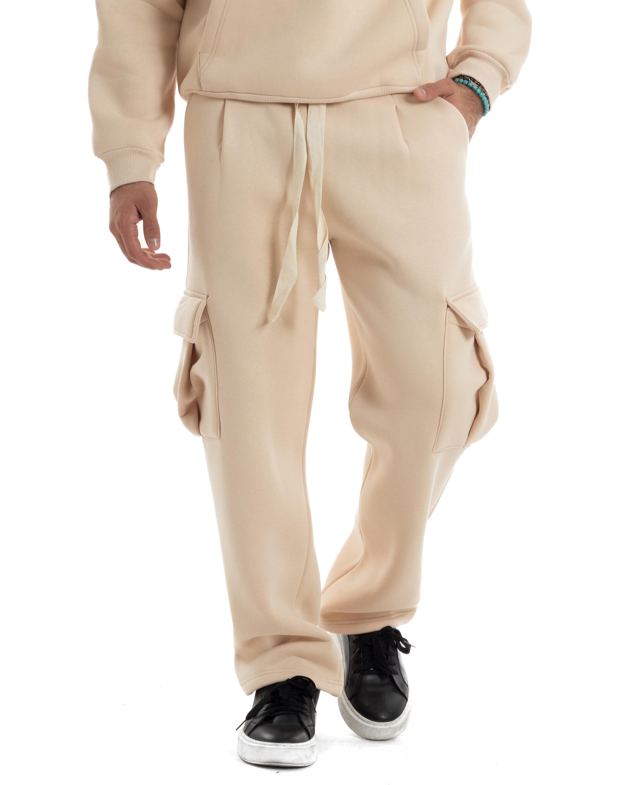 Completo Tuta Uomo Coordinato Outfit Felpa Con Cappuccio Pantaloni Cargo Ampio Relaxed Tinta Unita Beige GIOSAL-OU2489A