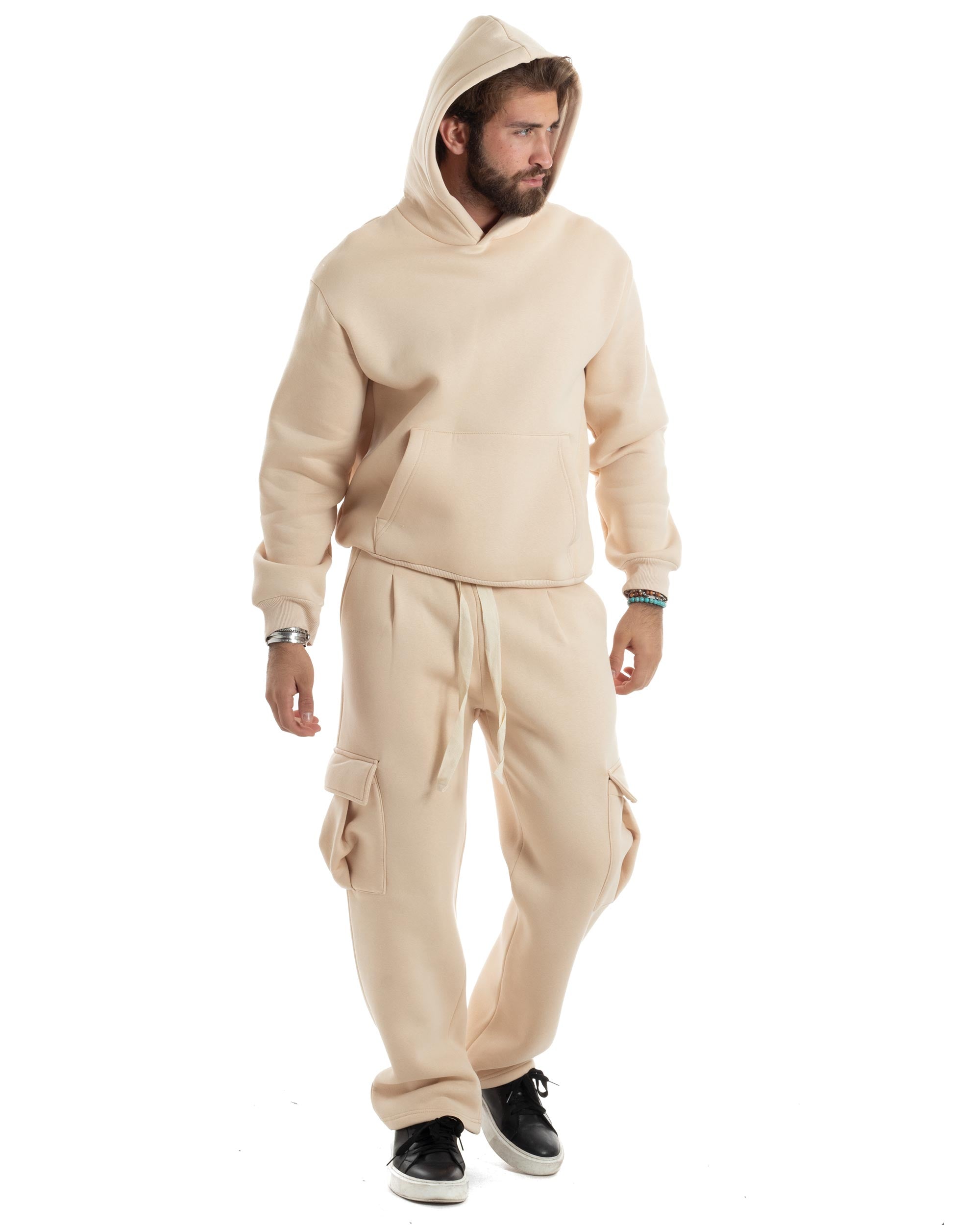 Completo Tuta Uomo Coordinato Outfit Felpa Con Cappuccio Pantaloni Cargo Ampio Relaxed Tinta Unita Beige GIOSAL-OU2489A