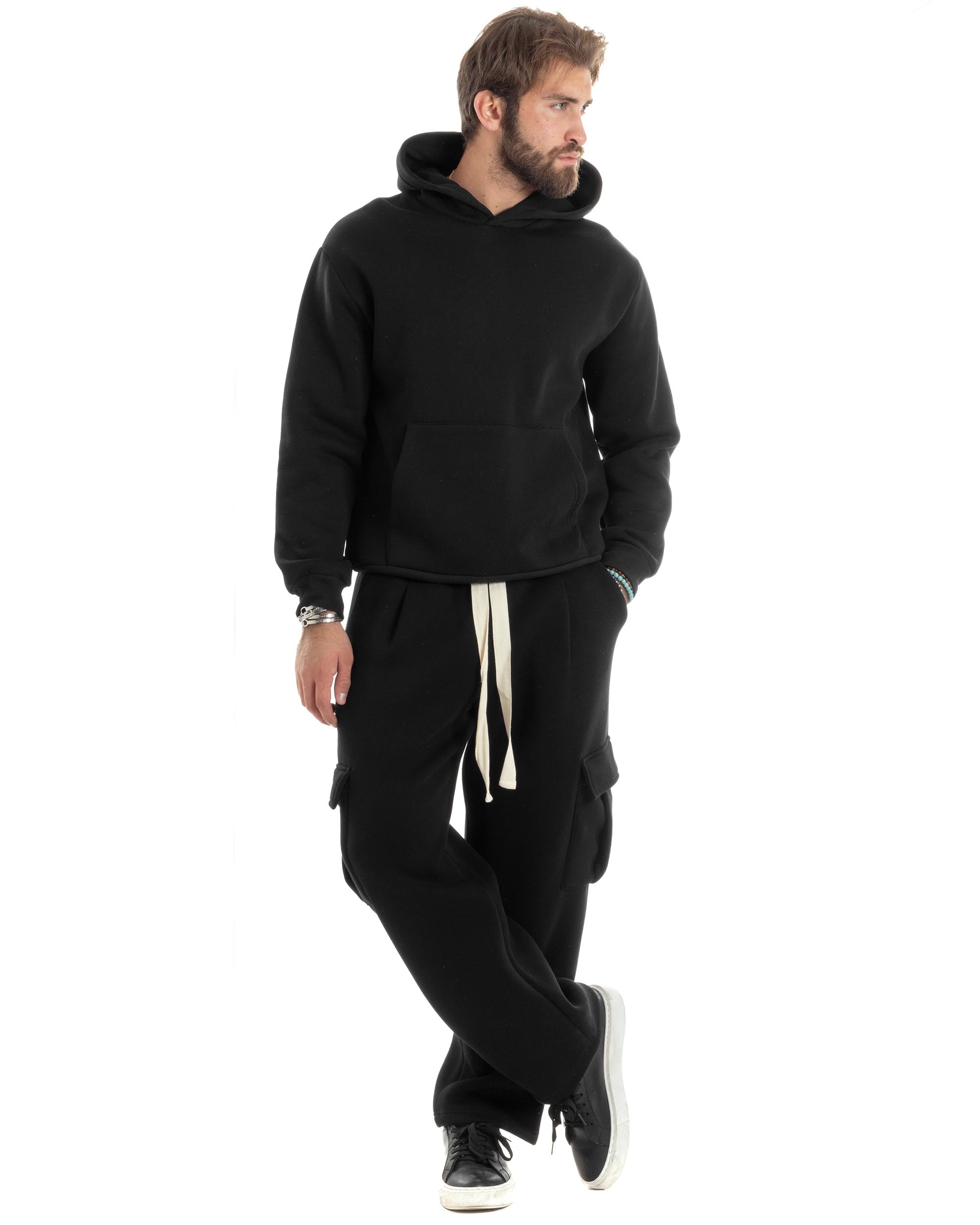 Completo Tuta Uomo Coordinato Outfit Felpa Con Cappuccio Pantaloni Cargo Ampio Relaxed Tinta Unita Nero GIOSAL-OU2490A