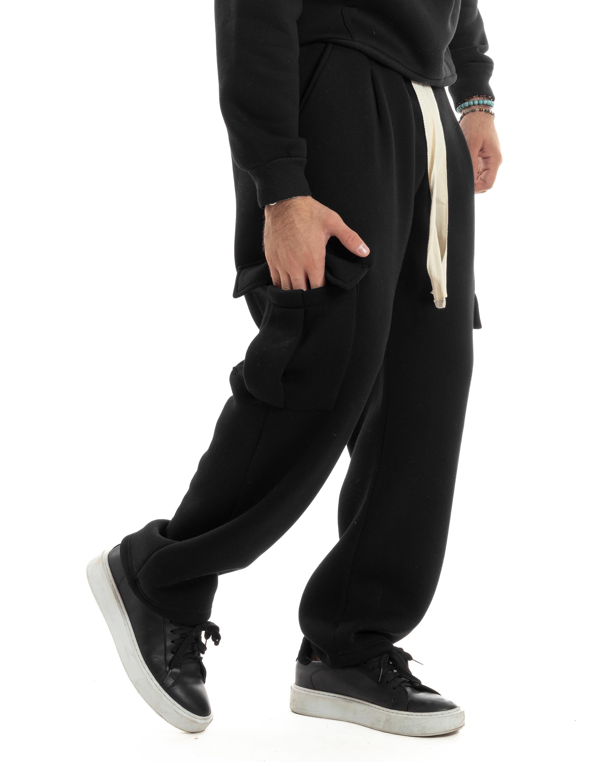 Completo Tuta Uomo Coordinato Outfit Felpa Con Cappuccio Pantaloni Cargo Ampio Relaxed Tinta Unita Nero GIOSAL-OU2490A