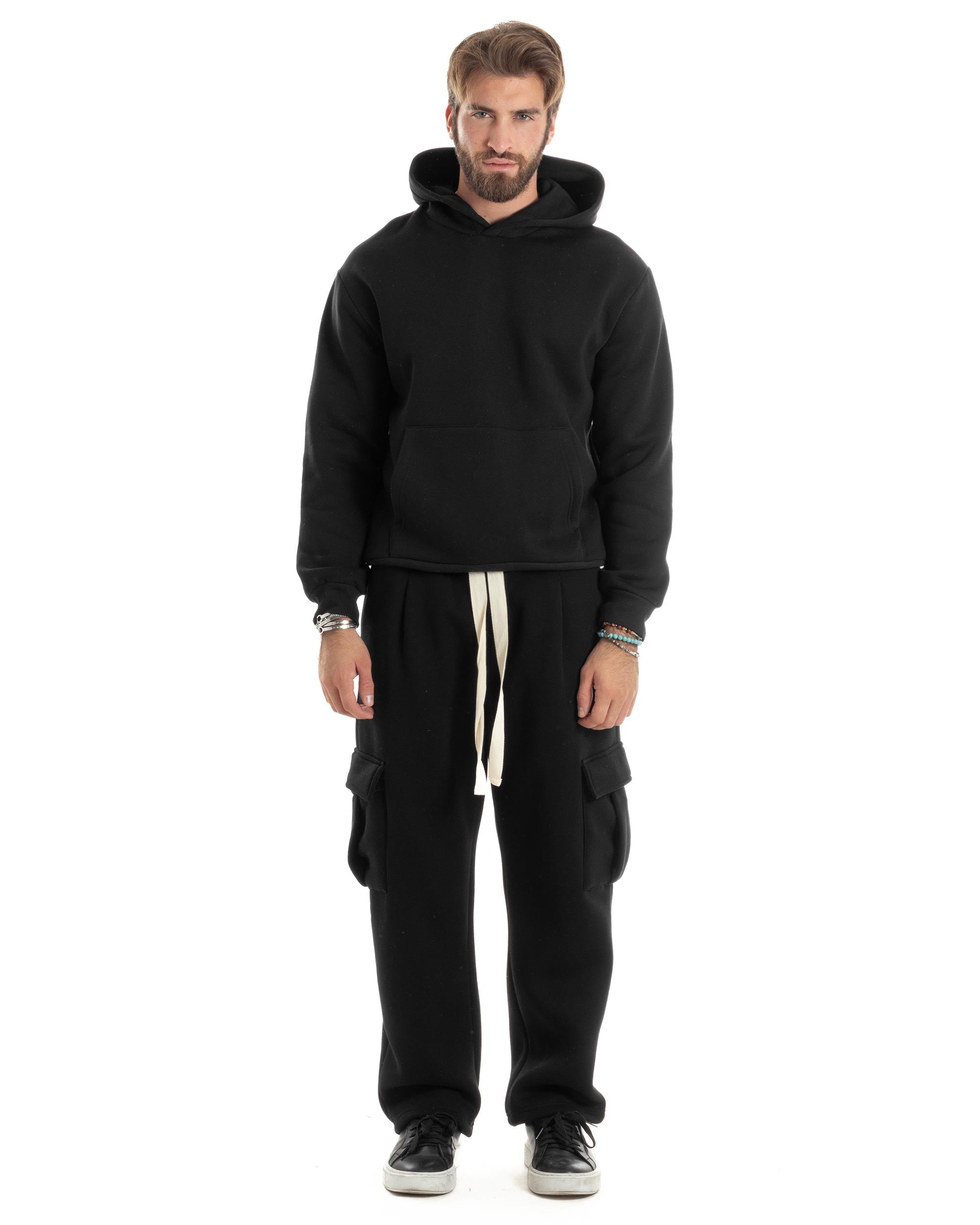 Completo Tuta Uomo Coordinato Outfit Felpa Con Cappuccio Pantaloni Cargo Ampio Relaxed Tinta Unita Nero GIOSAL-OU2490A