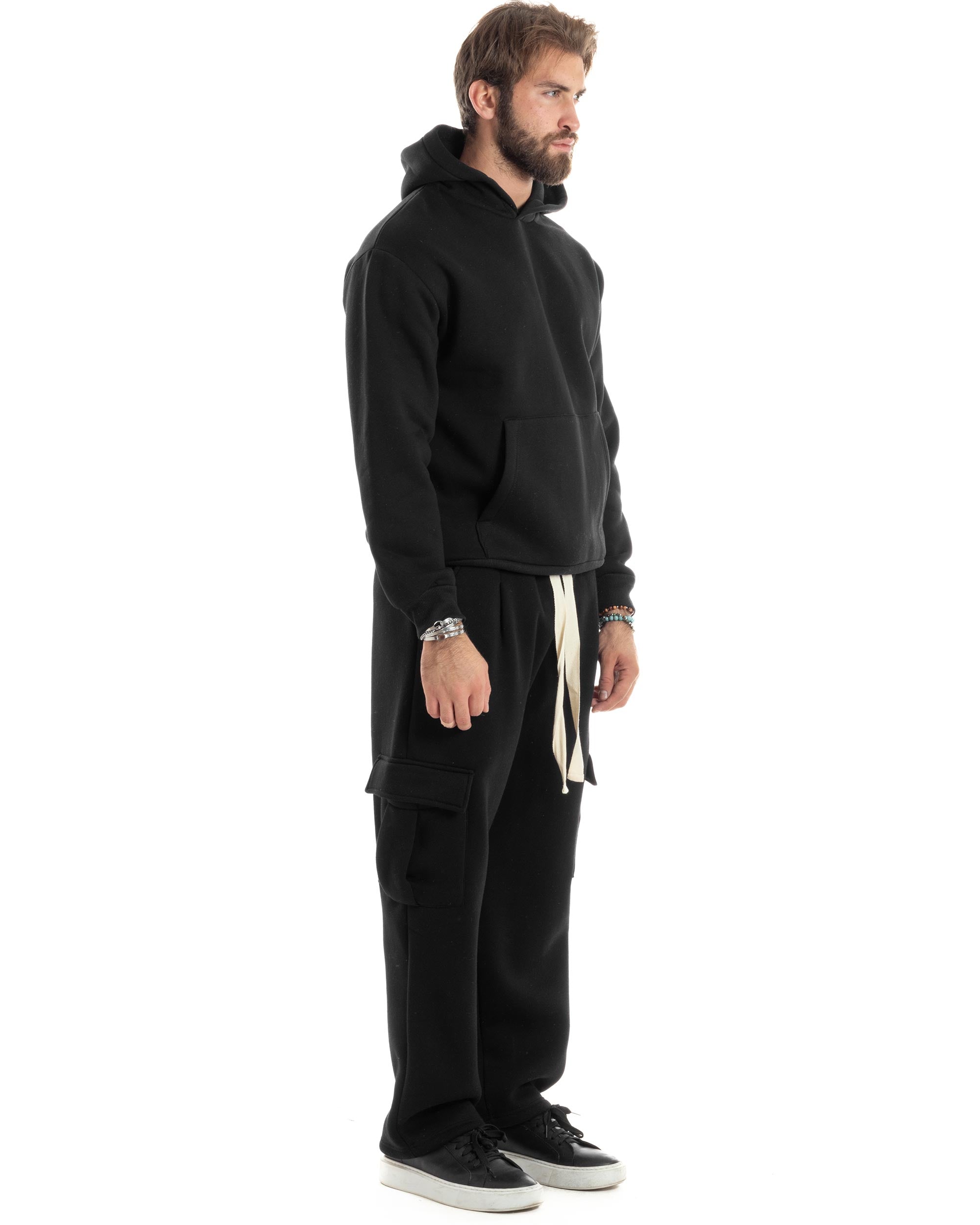 Completo Tuta Uomo Coordinato Outfit Felpa Con Cappuccio Pantaloni Cargo Ampio Relaxed Tinta Unita Nero GIOSAL-OU2490A