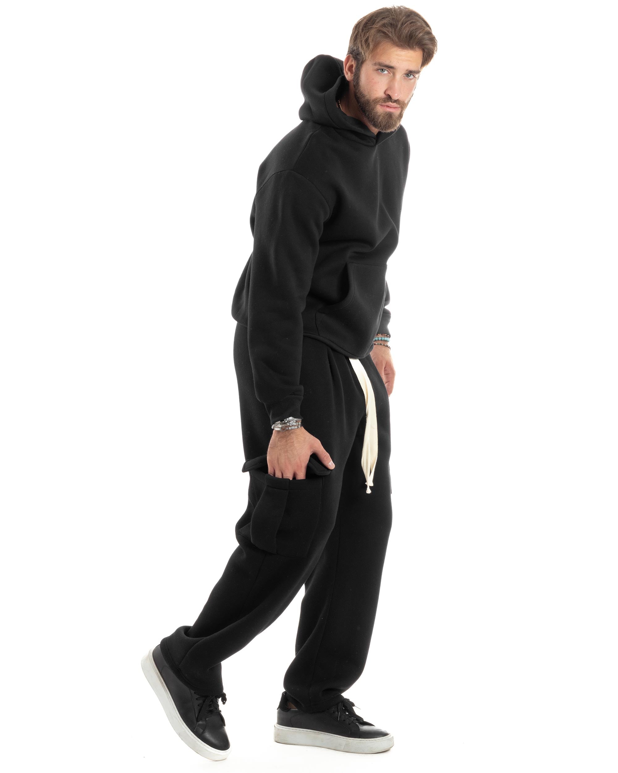 Completo Tuta Uomo Coordinato Outfit Felpa Con Cappuccio Pantaloni Cargo Ampio Relaxed Tinta Unita Nero GIOSAL-OU2490A