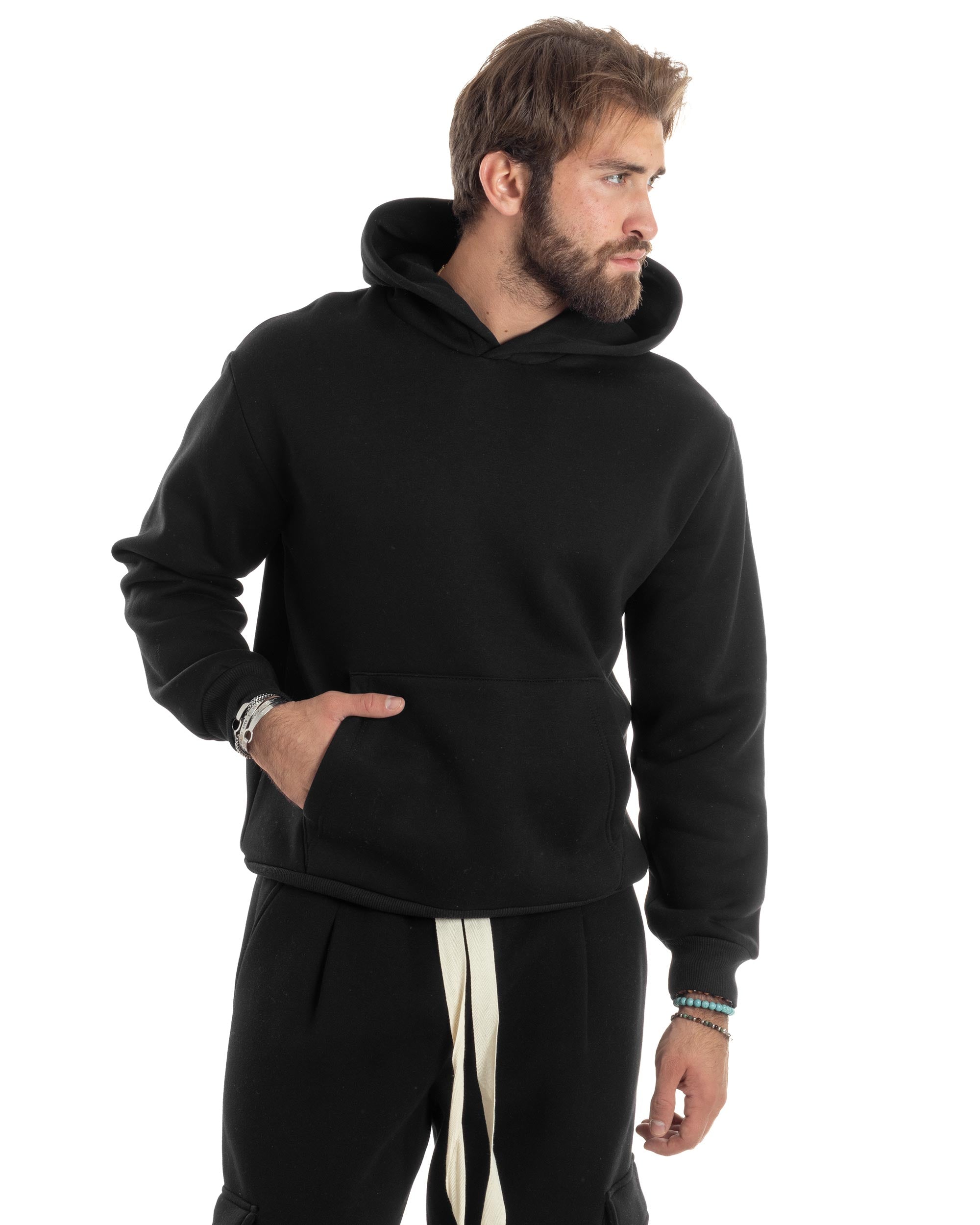 Completo Tuta Uomo Coordinato Outfit Felpa Con Cappuccio Pantaloni Cargo Ampio Relaxed Tinta Unita Nero GIOSAL-OU2490A