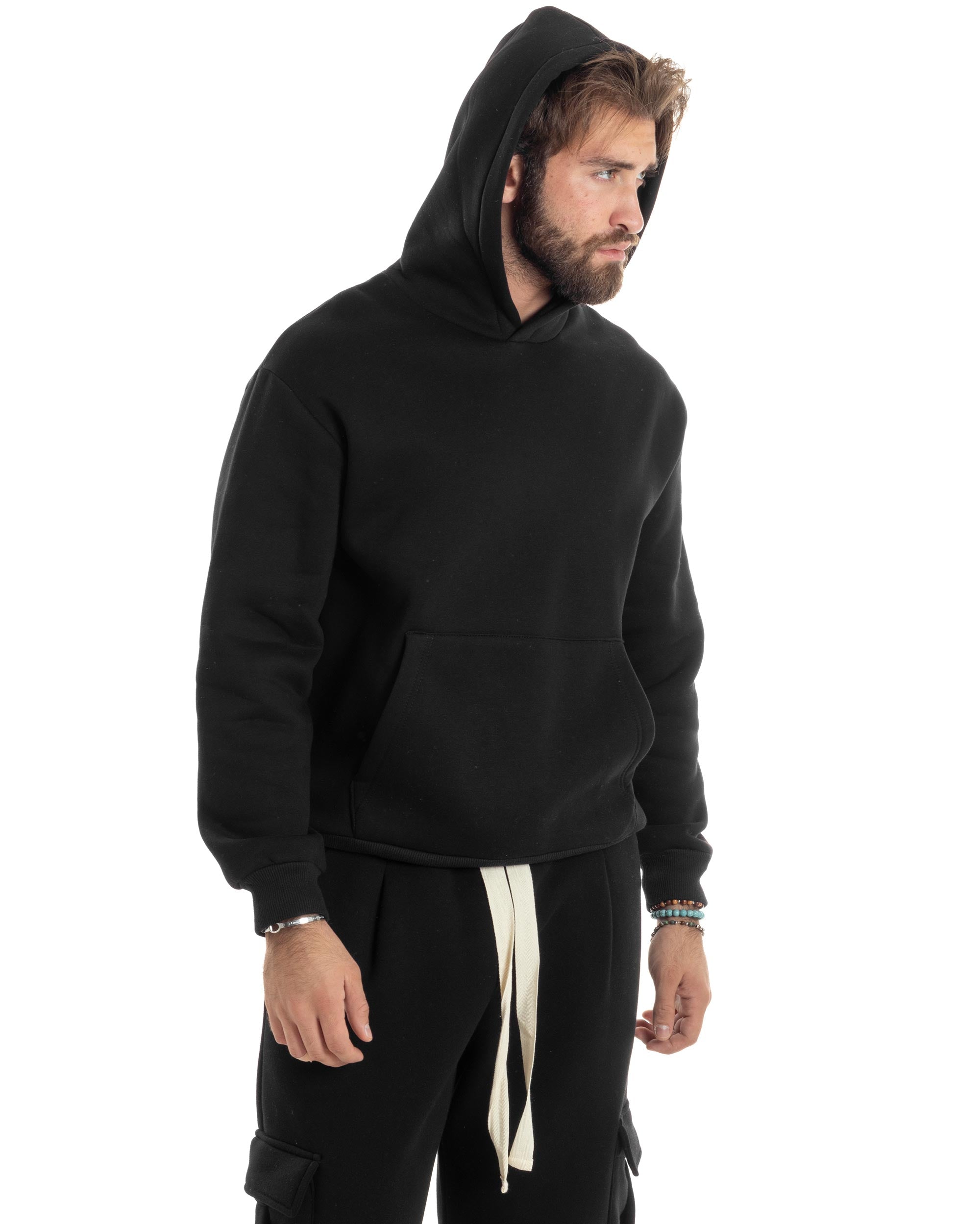 Completo Tuta Uomo Coordinato Outfit Felpa Con Cappuccio Pantaloni Cargo Ampio Relaxed Tinta Unita Nero GIOSAL-OU2490A