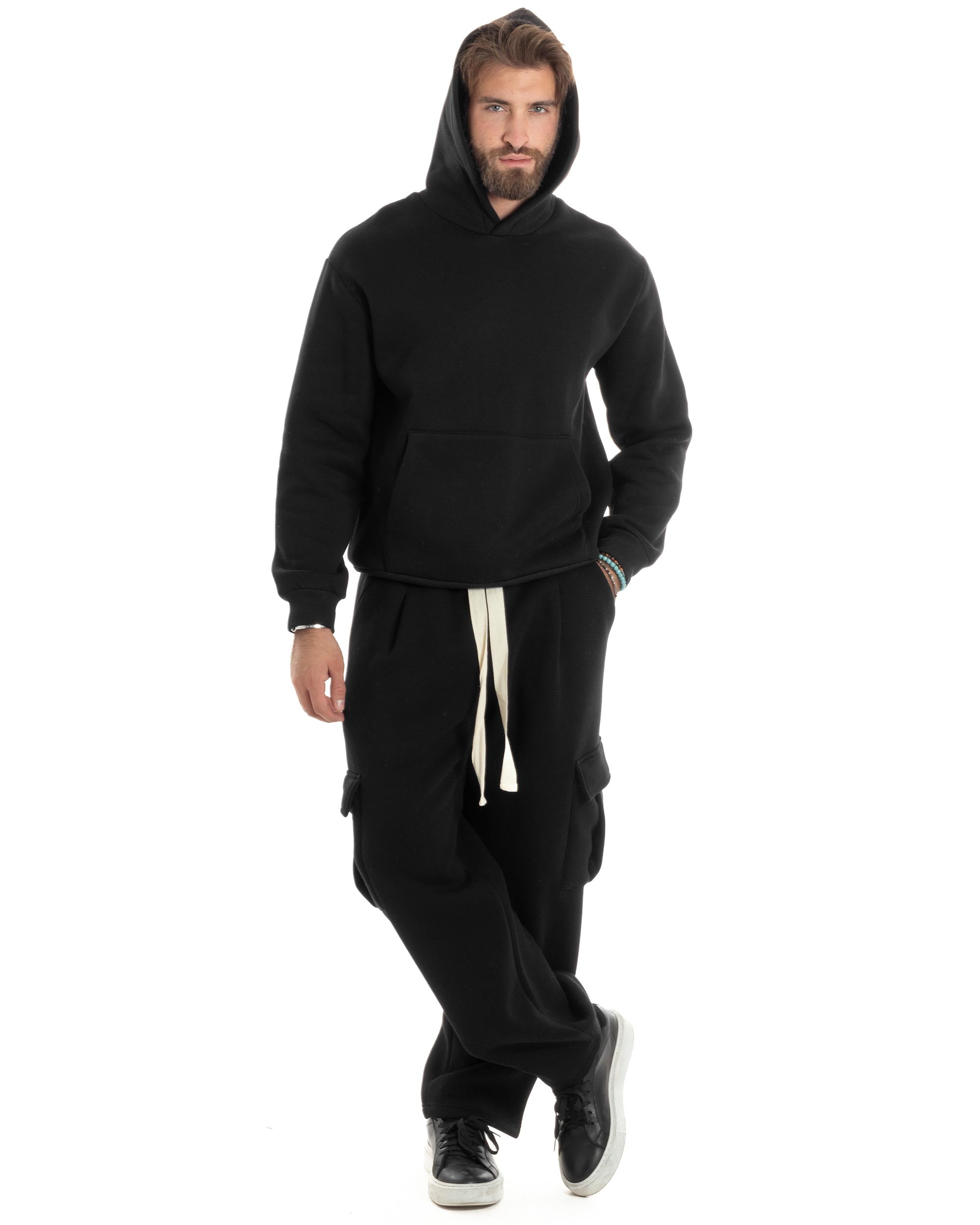 Completo Tuta Uomo Coordinato Outfit Felpa Con Cappuccio Pantaloni Cargo Ampio Relaxed Tinta Unita Nero GIOSAL-OU2490A