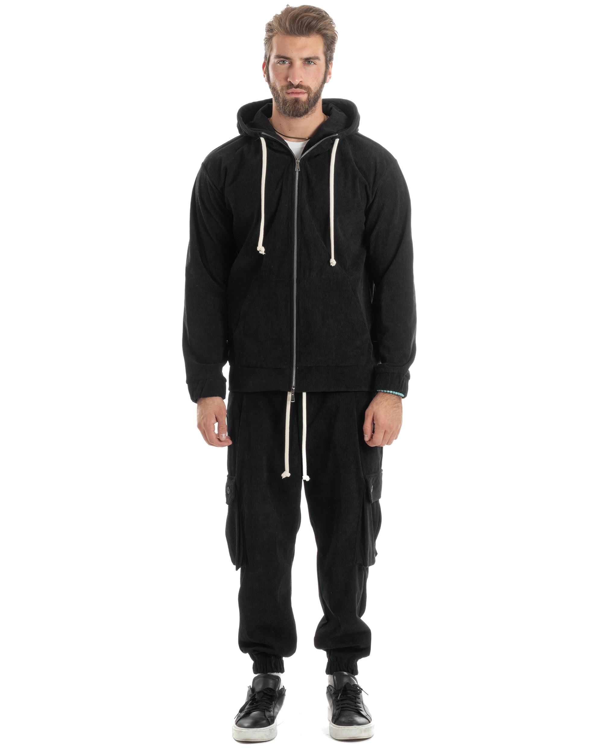 Coordinato Uomo Completo Tuta Velluto Coste Tinta Unita Nero Felpa Zip Pantaloni Cargo GIOSAL-OU2491A