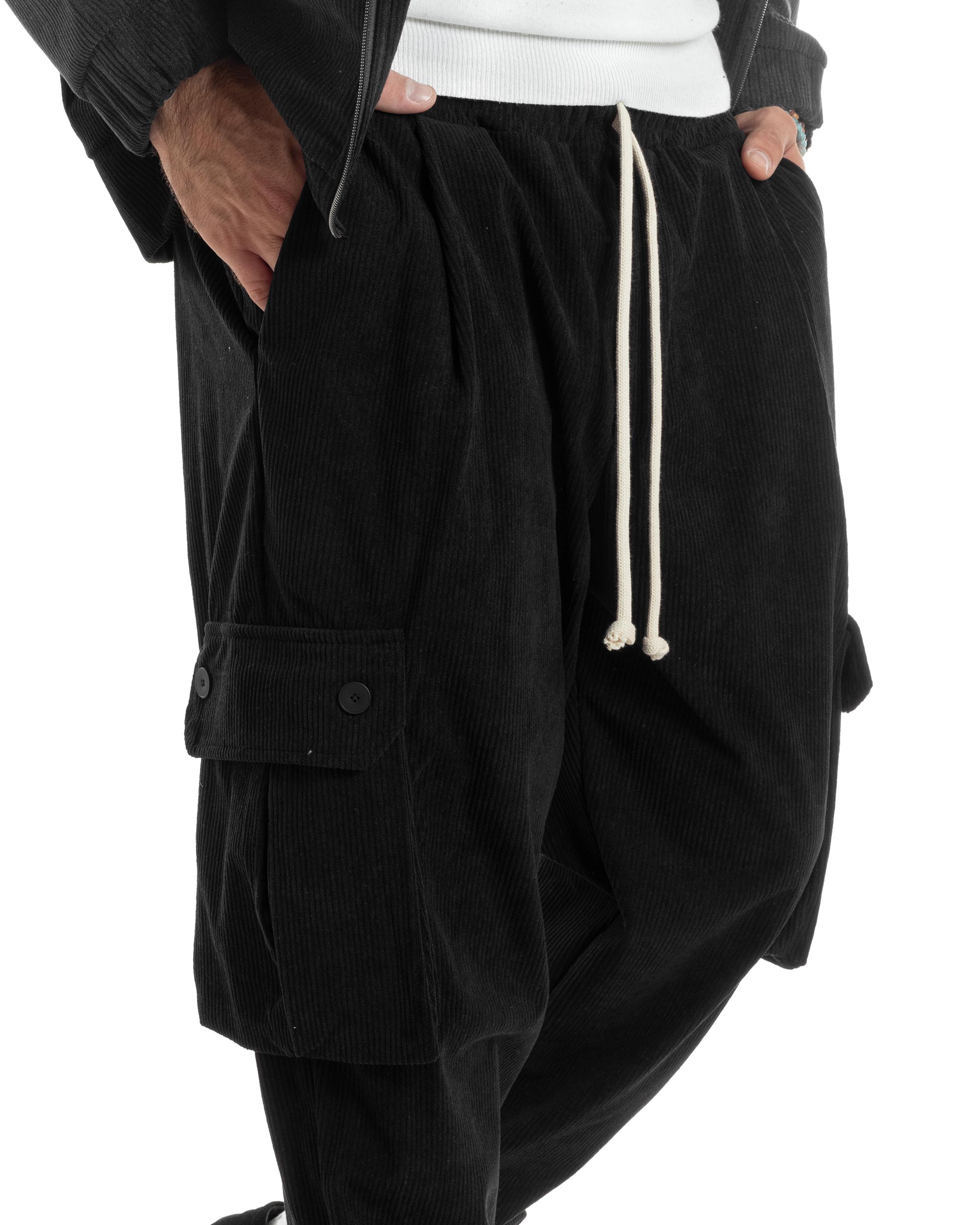 Coordinato Uomo Completo Tuta Velluto Coste Tinta Unita Nero Felpa Zip Pantaloni Cargo GIOSAL-OU2491A