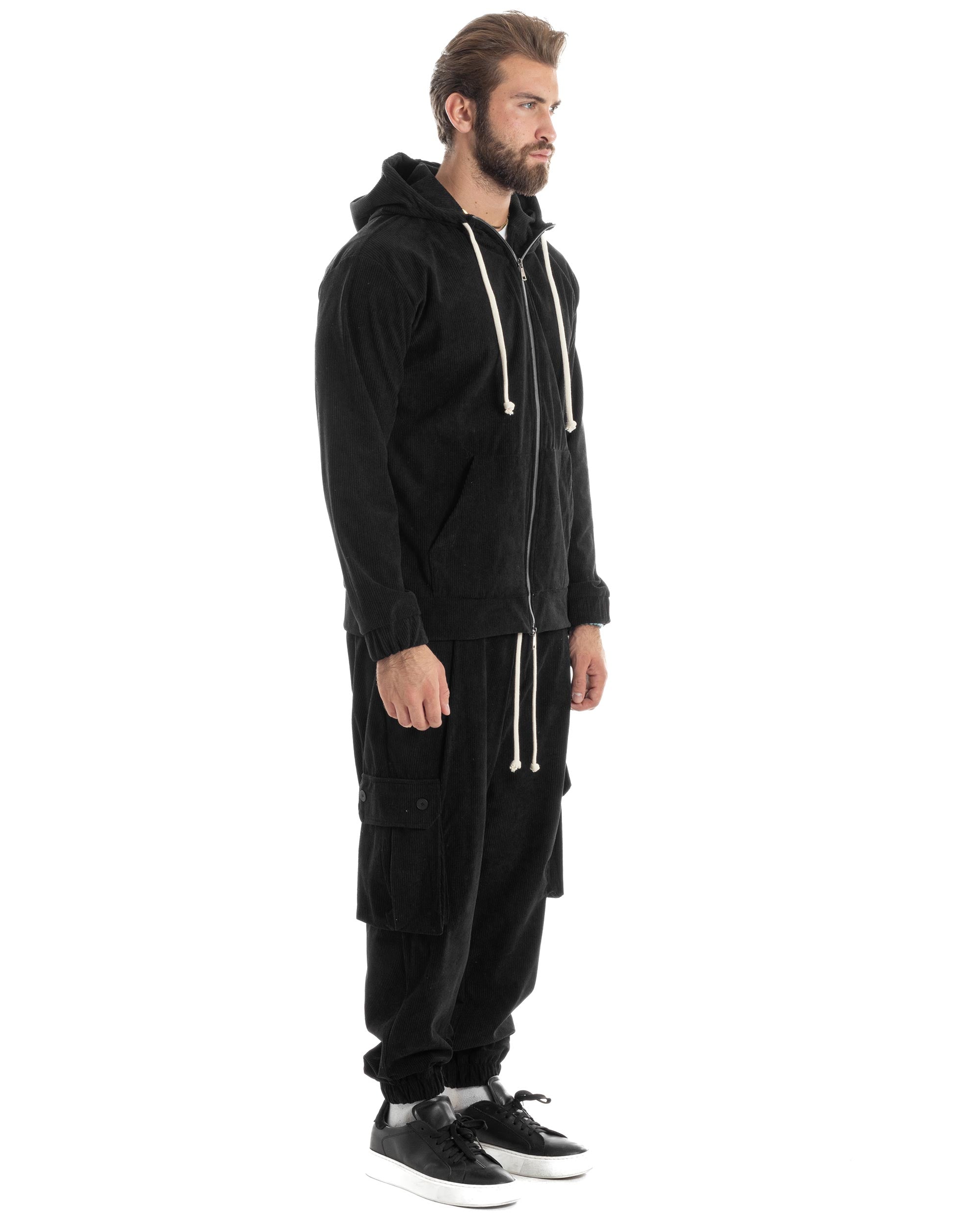 Coordinato Uomo Completo Tuta Velluto Coste Tinta Unita Nero Felpa Zip Pantaloni Cargo GIOSAL-OU2491A