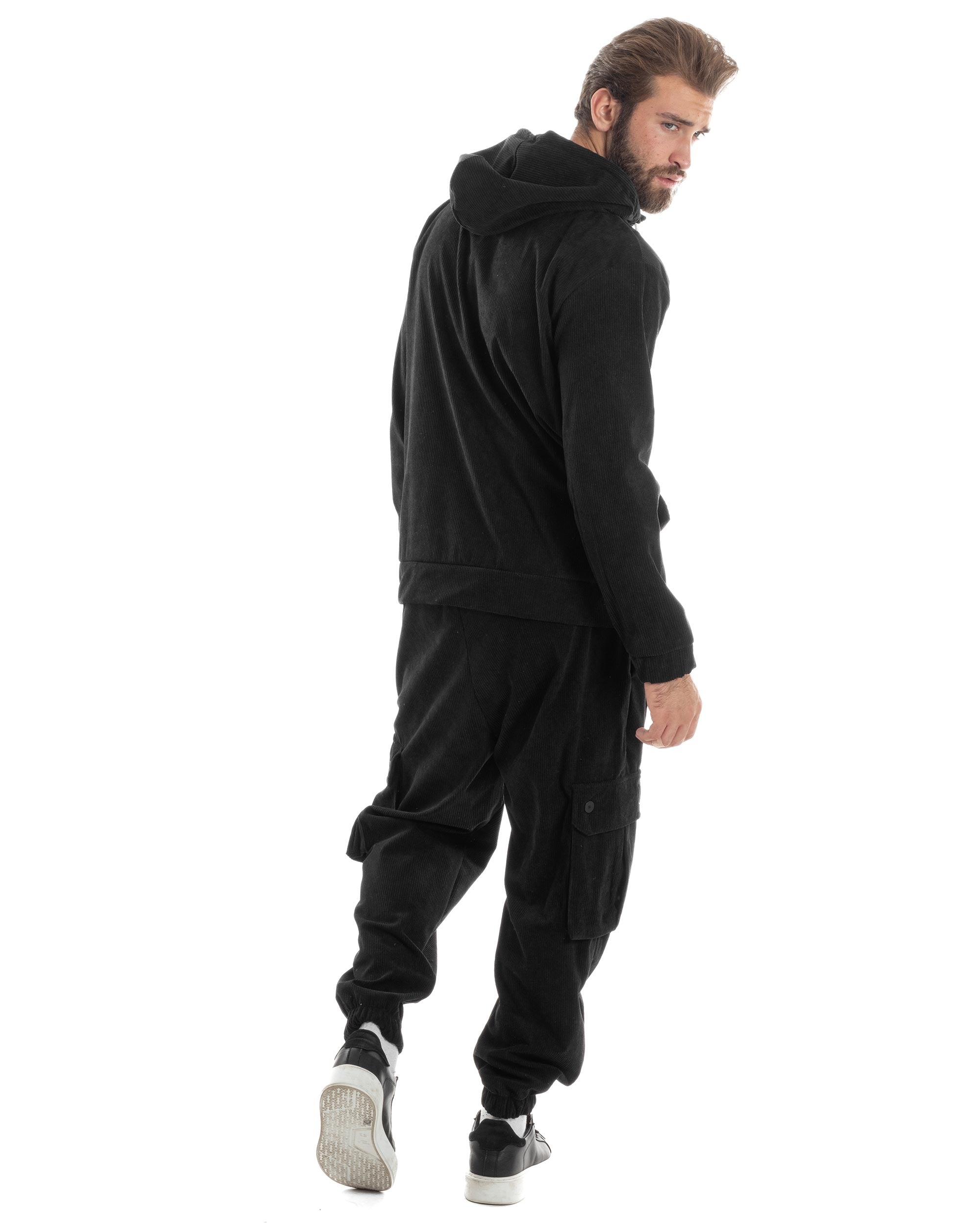 Coordinato Uomo Completo Tuta Velluto Coste Tinta Unita Nero Felpa Zip Pantaloni Cargo GIOSAL-OU2491A