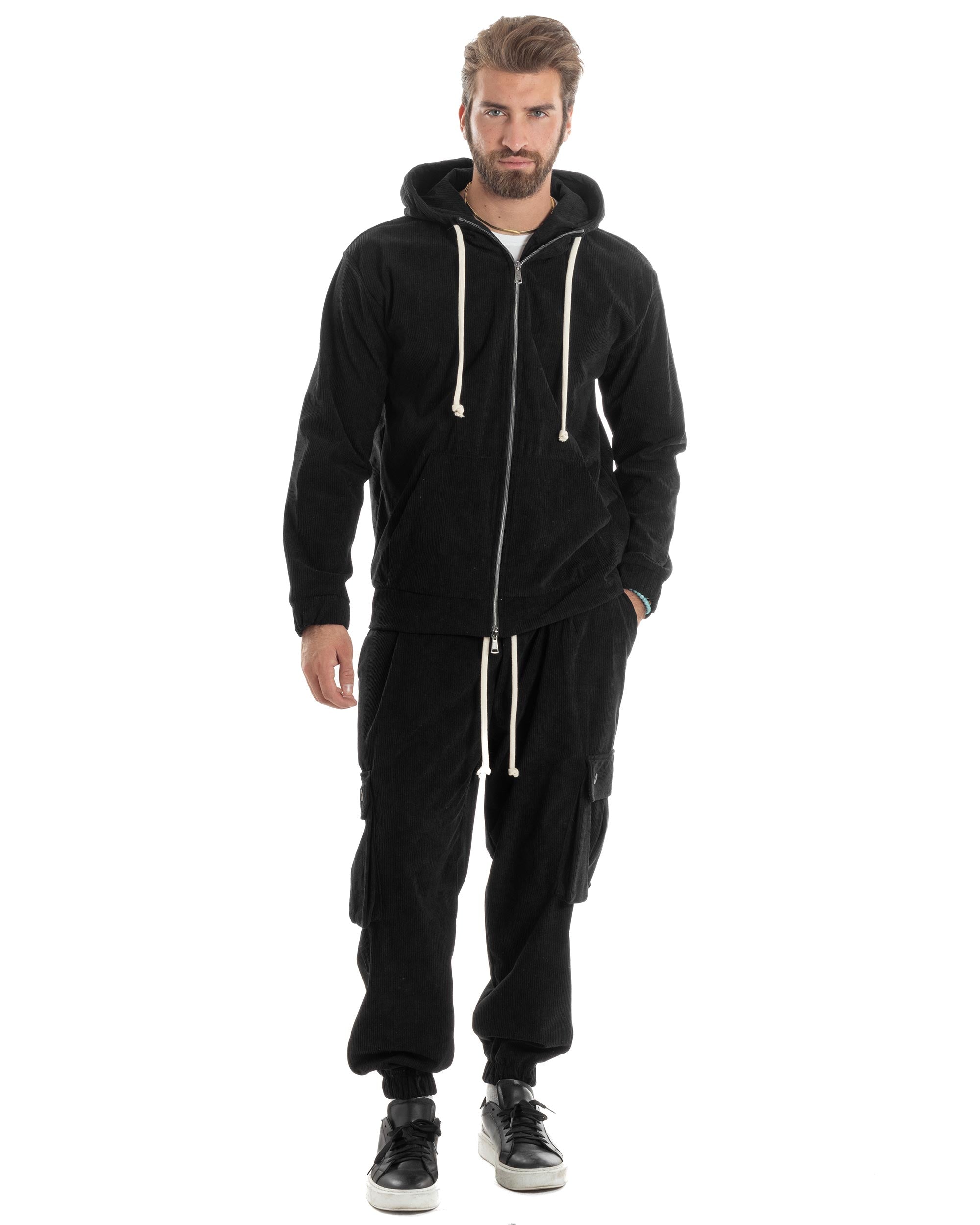 Coordinato Uomo Completo Tuta Velluto Coste Tinta Unita Nero Felpa Zip Pantaloni Cargo GIOSAL-OU2491A