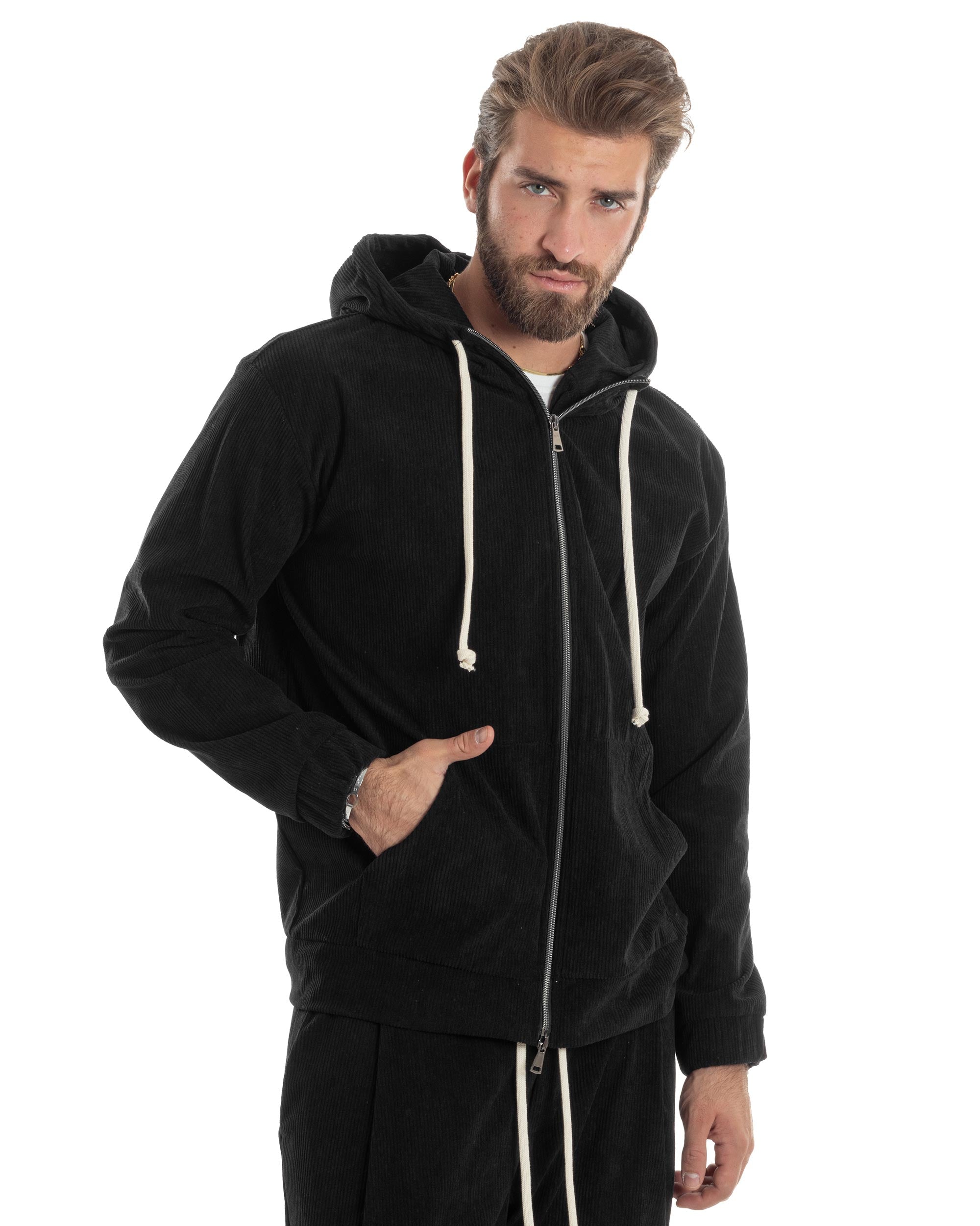 Coordinato Uomo Completo Tuta Velluto Coste Tinta Unita Nero Felpa Zip Pantaloni Cargo GIOSAL-OU2491A