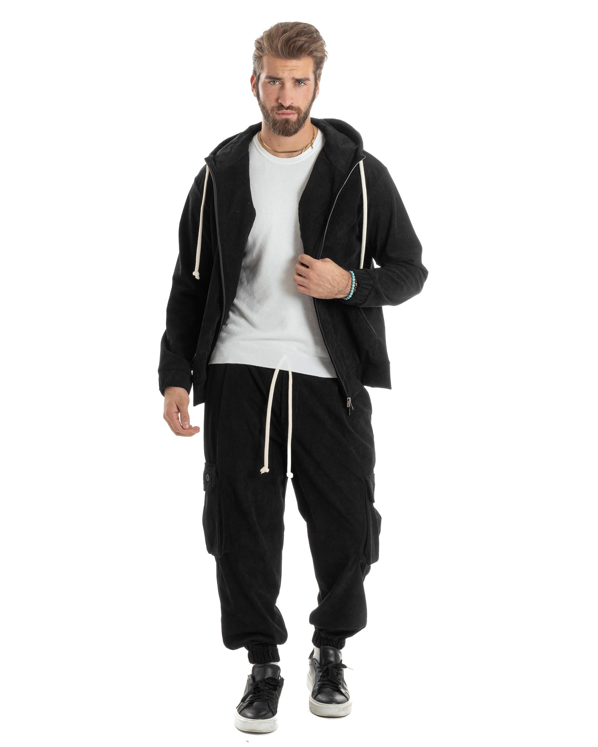 Coordinato Uomo Completo Tuta Velluto Coste Tinta Unita Nero Felpa Zip Pantaloni Cargo GIOSAL-OU2491A