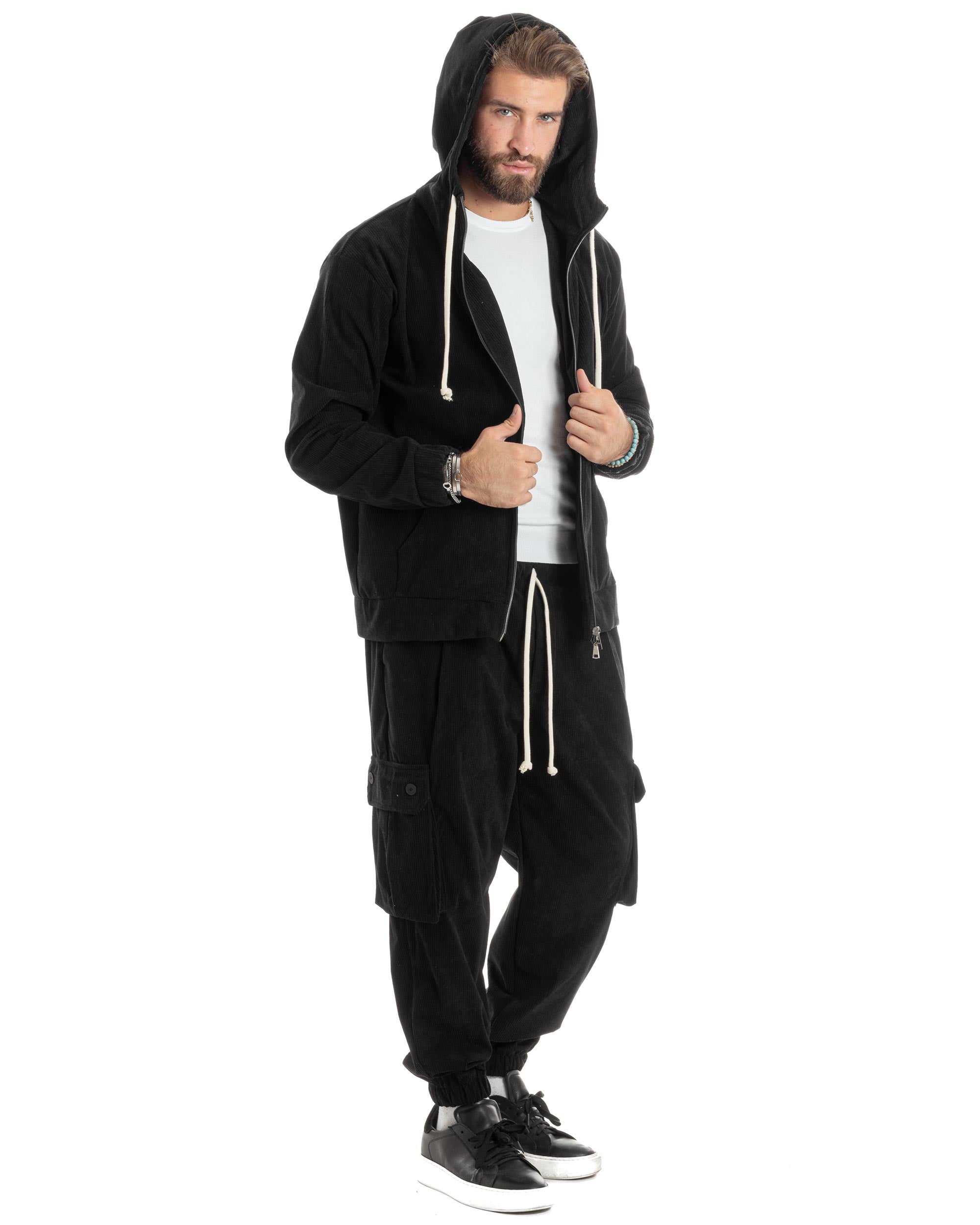 Coordinato Uomo Completo Tuta Velluto Coste Tinta Unita Nero Felpa Zip Pantaloni Cargo GIOSAL-OU2491A