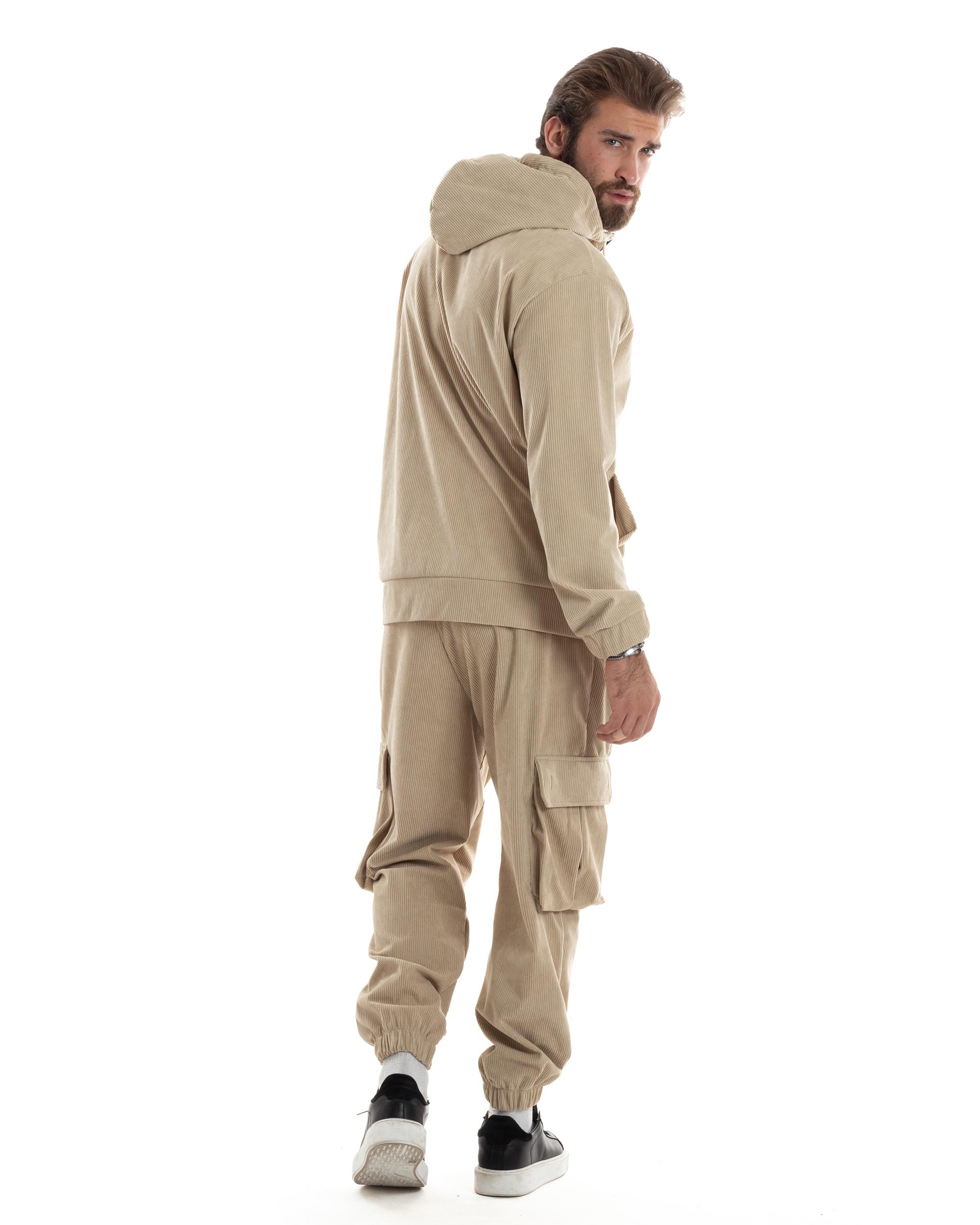 Coordinato Uomo Completo Tuta Velluto Coste Tinta Unita Beige Felpa Zip Pantaloni Cargo GIOSAL-OU2492A