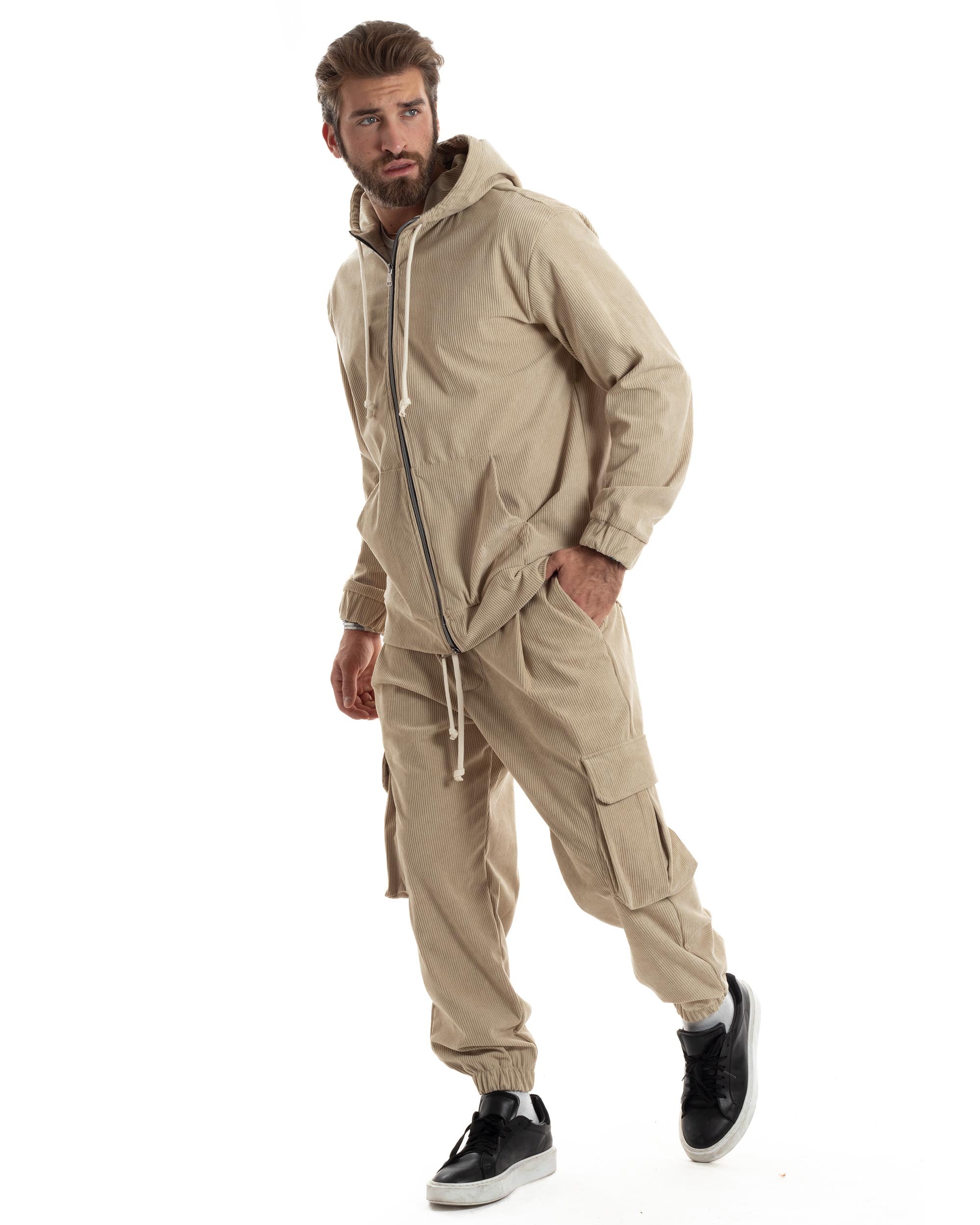 Coordinato Uomo Completo Tuta Velluto Coste Tinta Unita Beige Felpa Zip Pantaloni Cargo GIOSAL-OU2492A