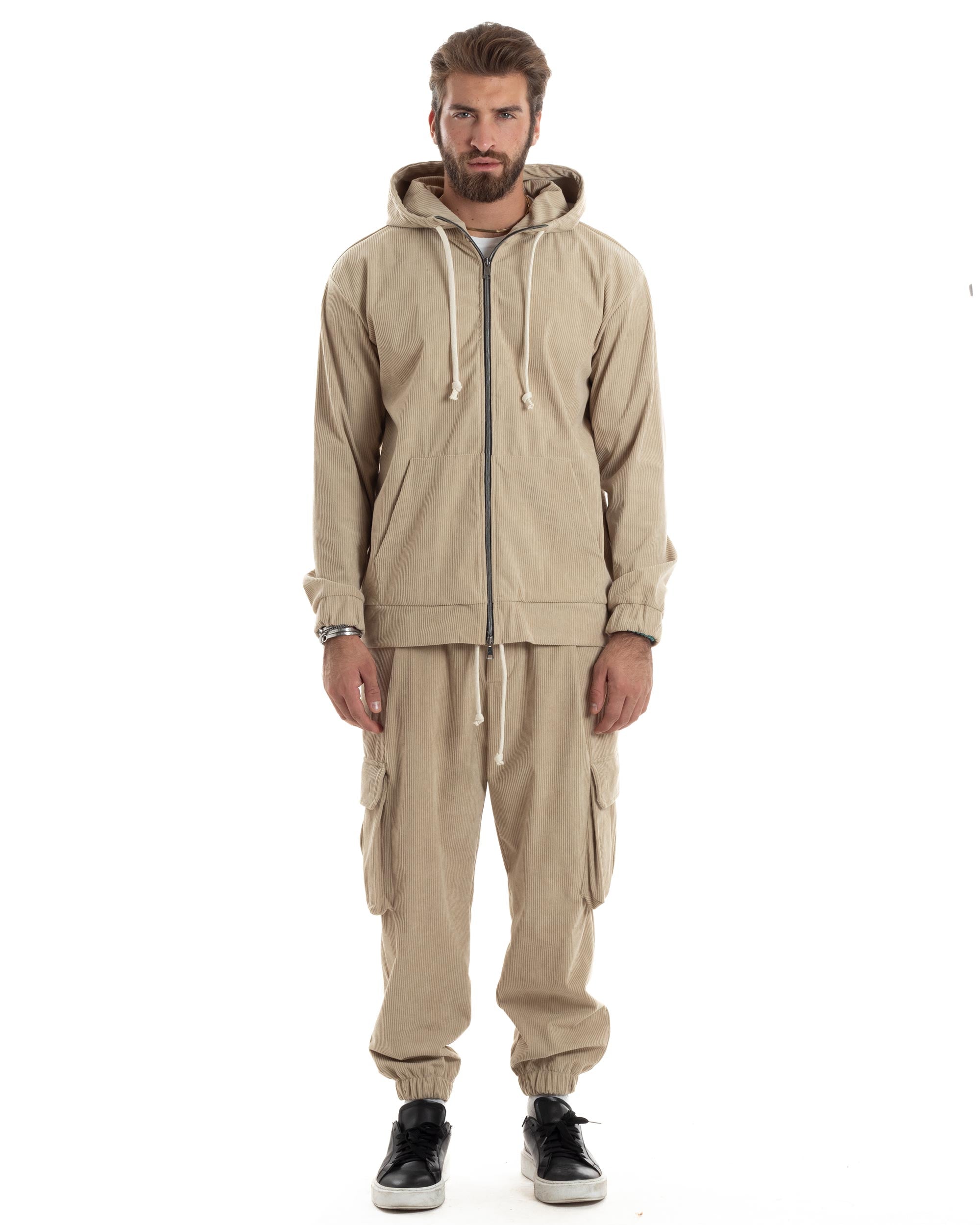 Coordinato Uomo Completo Tuta Velluto Coste Tinta Unita Beige Felpa Zip Pantaloni Cargo GIOSAL-OU2492A