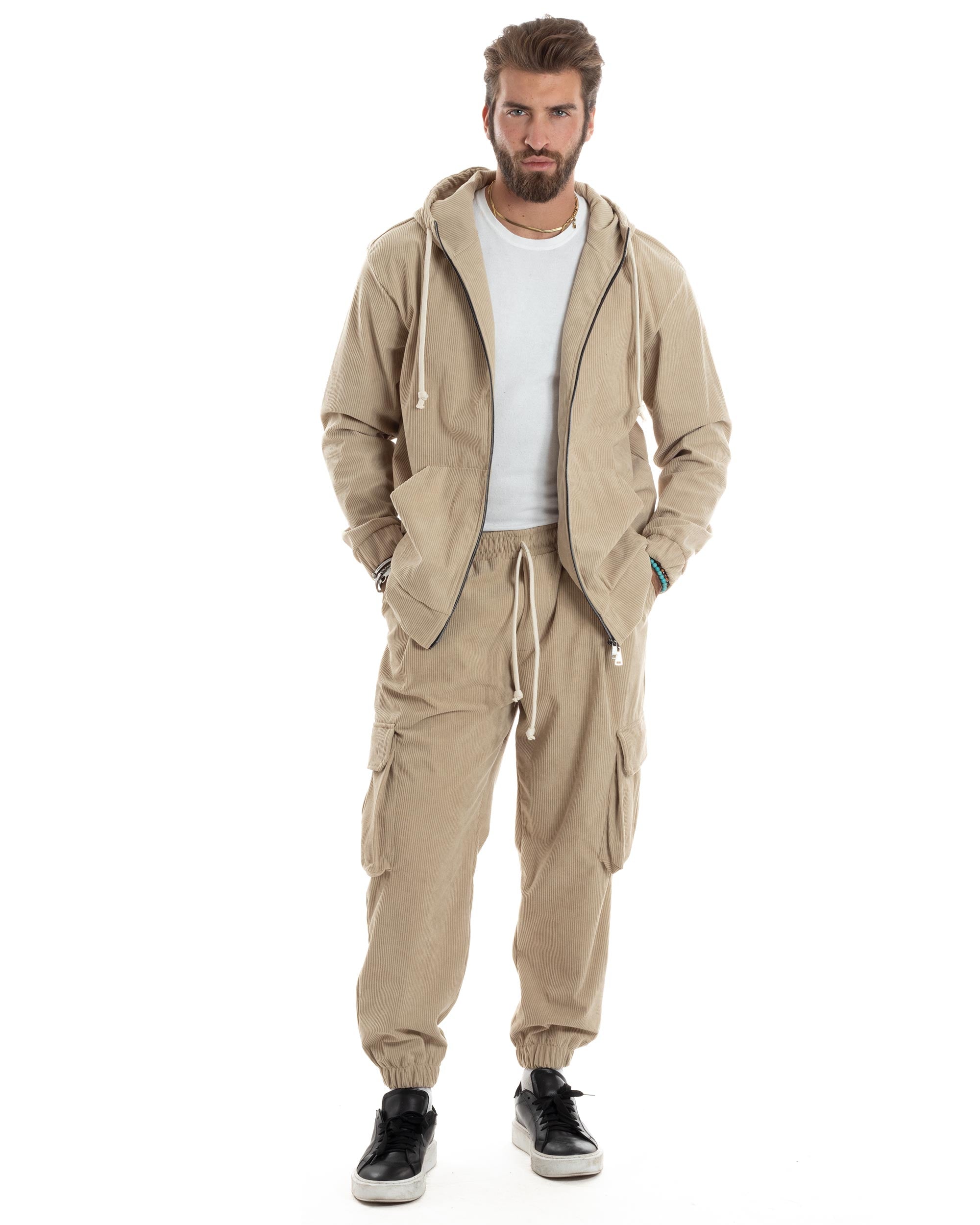 Coordinato Uomo Completo Tuta Velluto Coste Tinta Unita Beige Felpa Zip Pantaloni Cargo GIOSAL-OU2492A