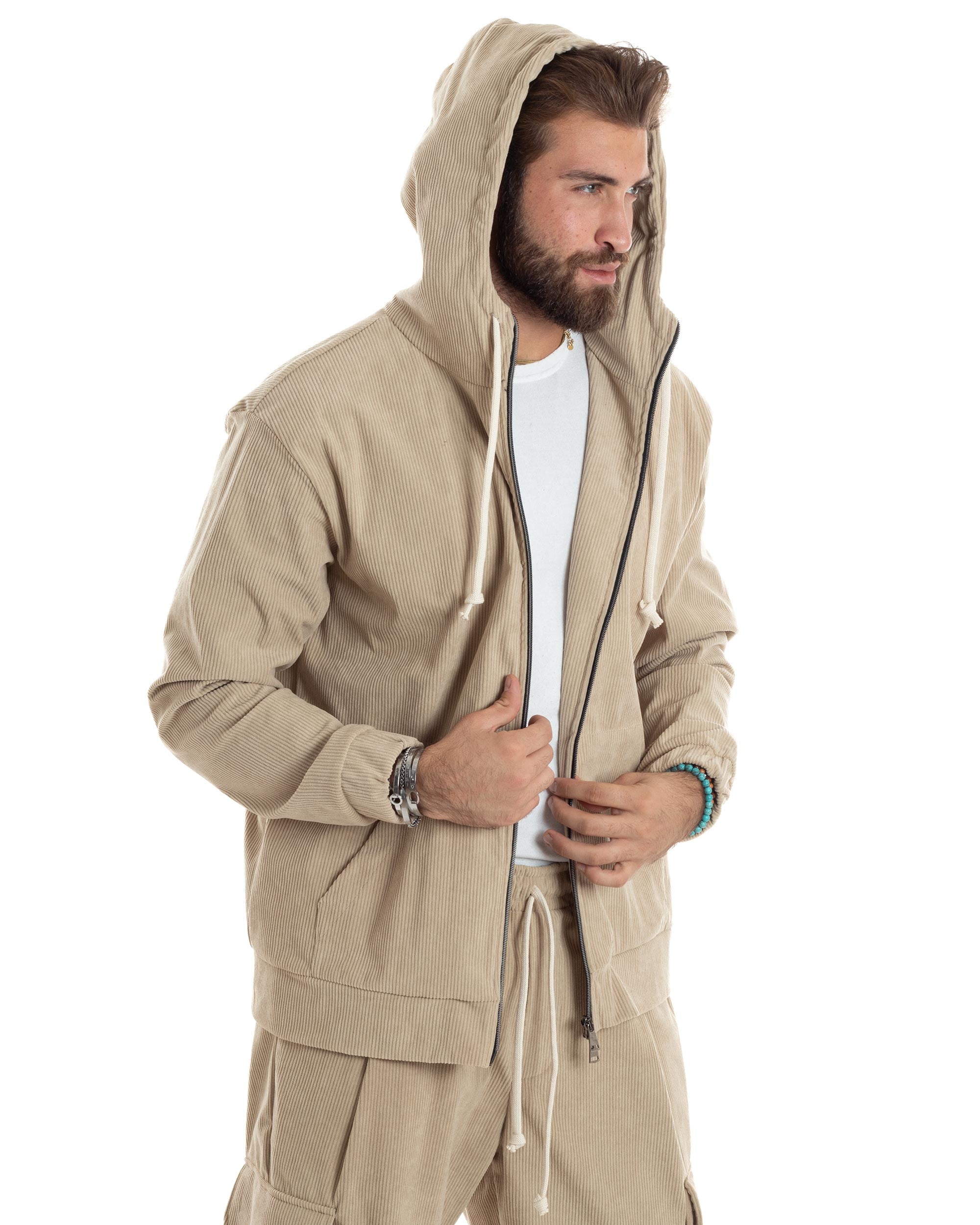 Coordinato Uomo Completo Tuta Velluto Coste Tinta Unita Beige Felpa Zip Pantaloni Cargo GIOSAL-OU2492A