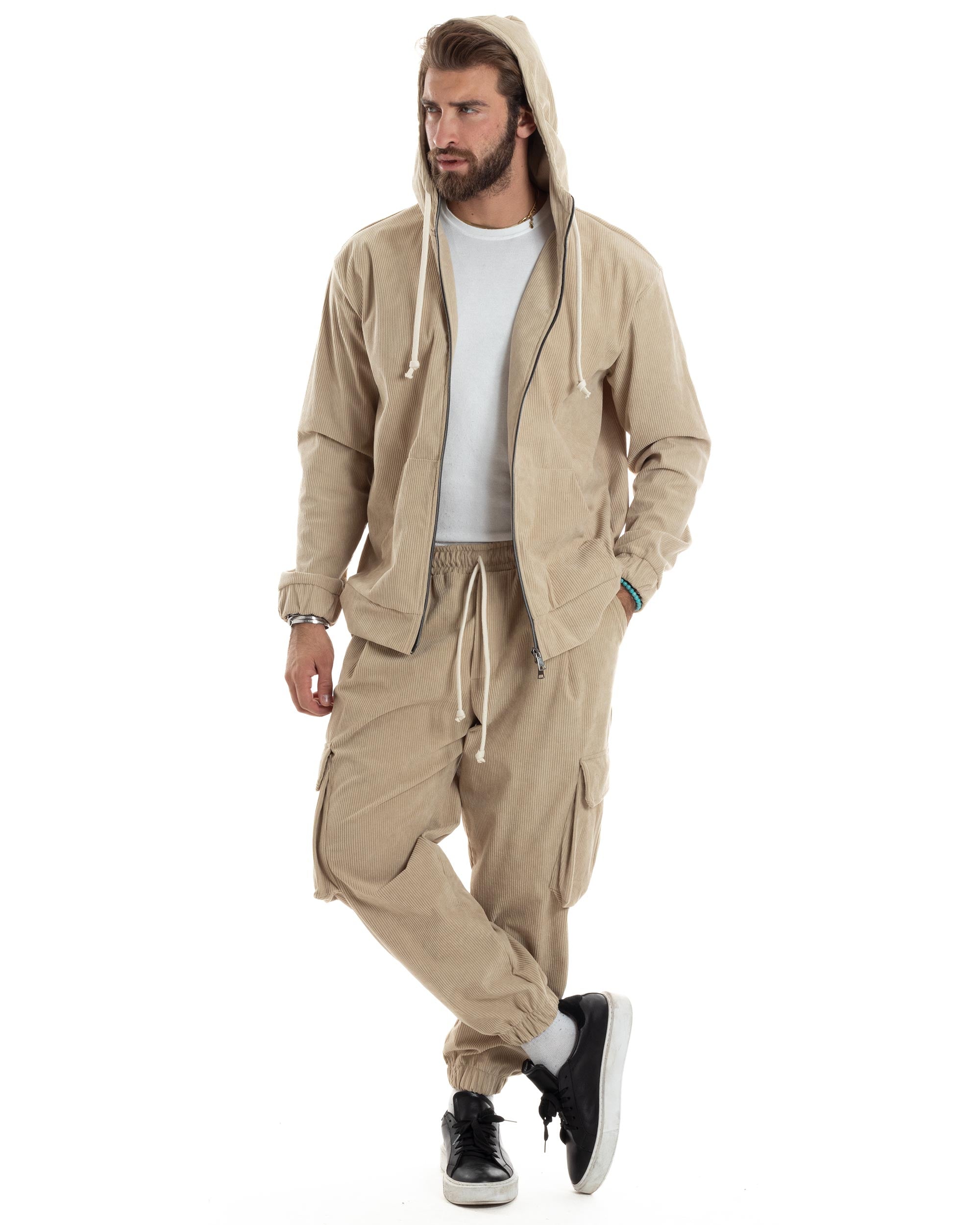 Coordinato Uomo Completo Tuta Velluto Coste Tinta Unita Beige Felpa Zip Pantaloni Cargo GIOSAL-OU2492A