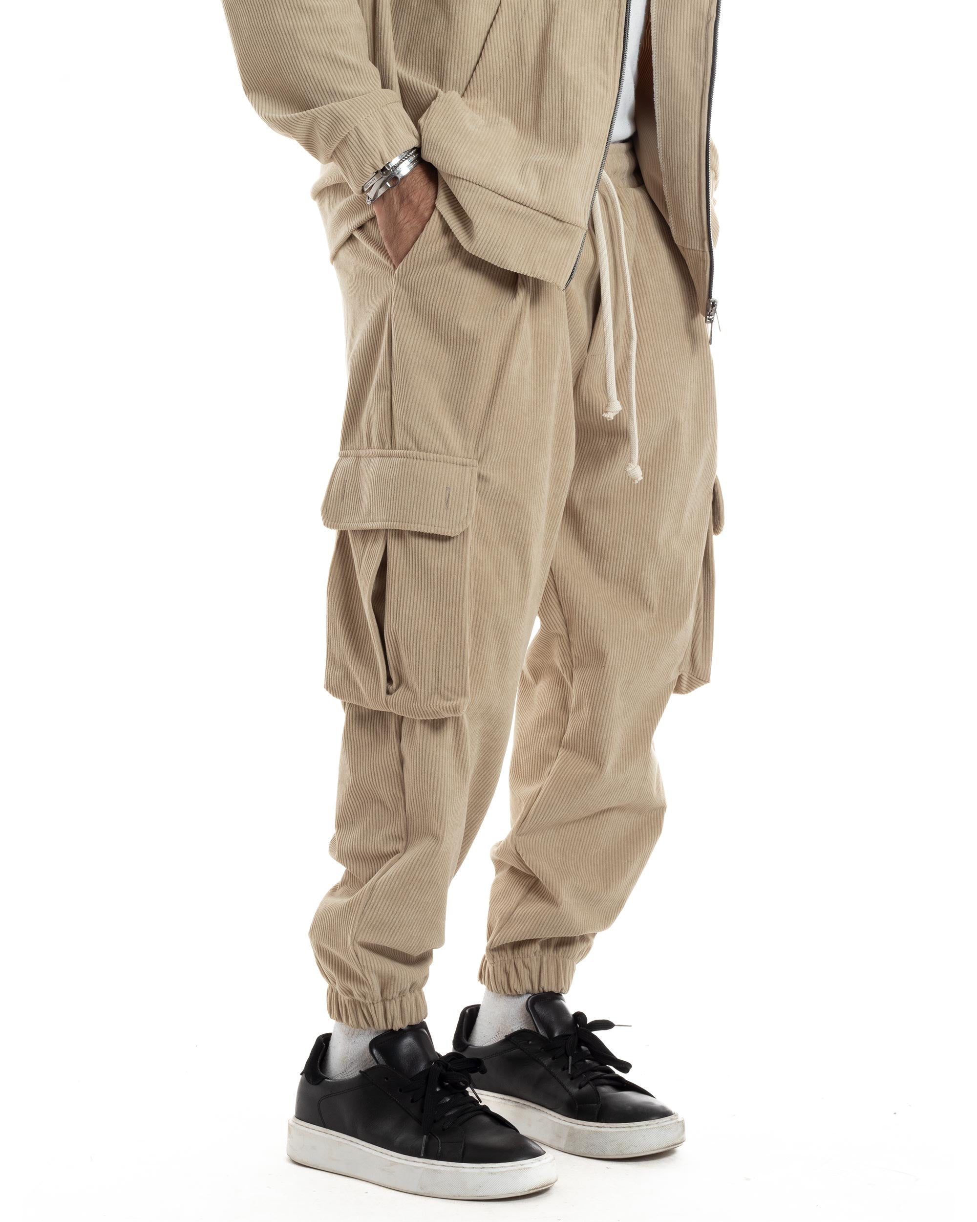 Coordinato Uomo Completo Tuta Velluto Coste Tinta Unita Beige Felpa Zip Pantaloni Cargo GIOSAL-OU2492A