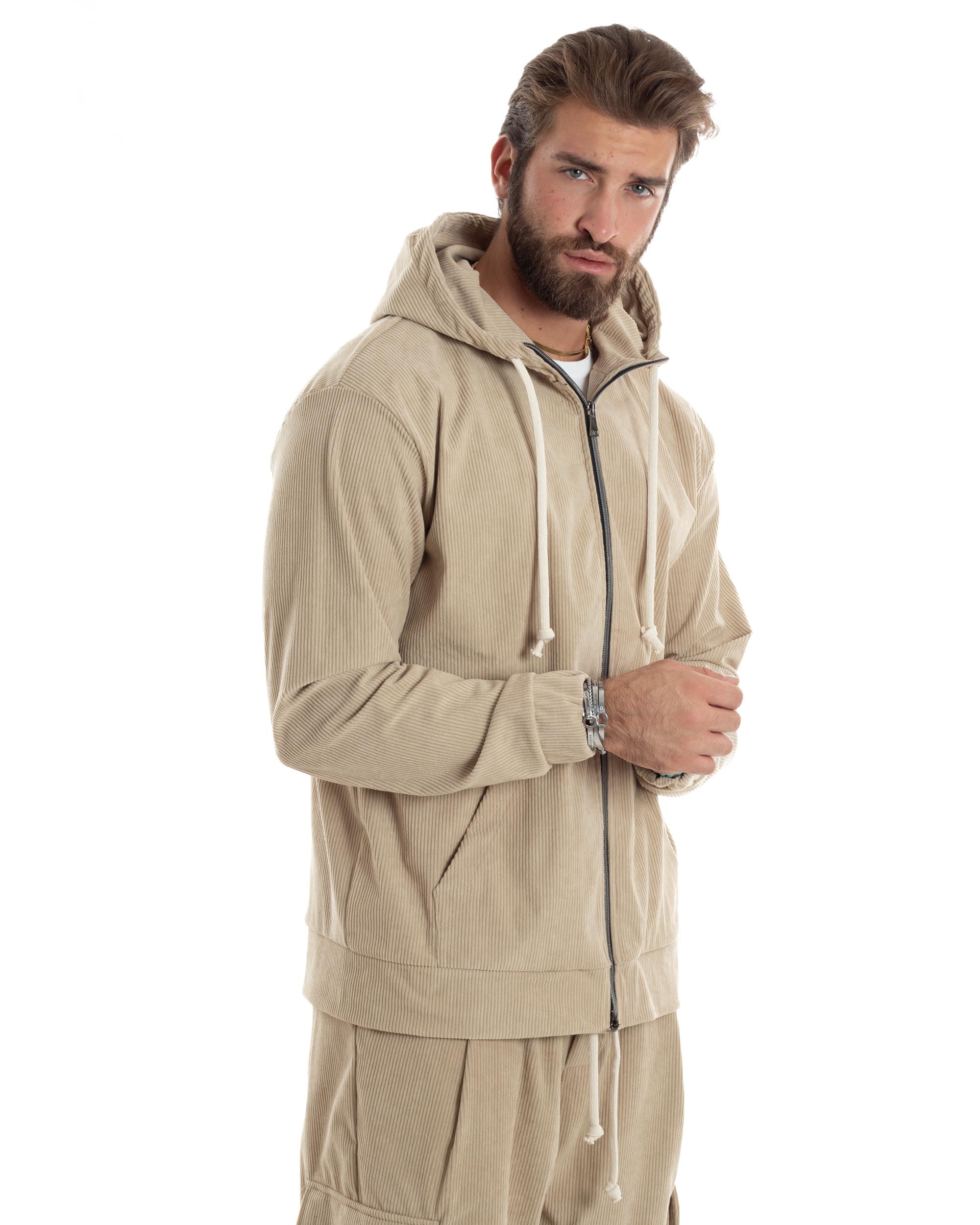 Coordinato Uomo Completo Tuta Velluto Coste Tinta Unita Beige Felpa Zip Pantaloni Cargo GIOSAL-OU2492A