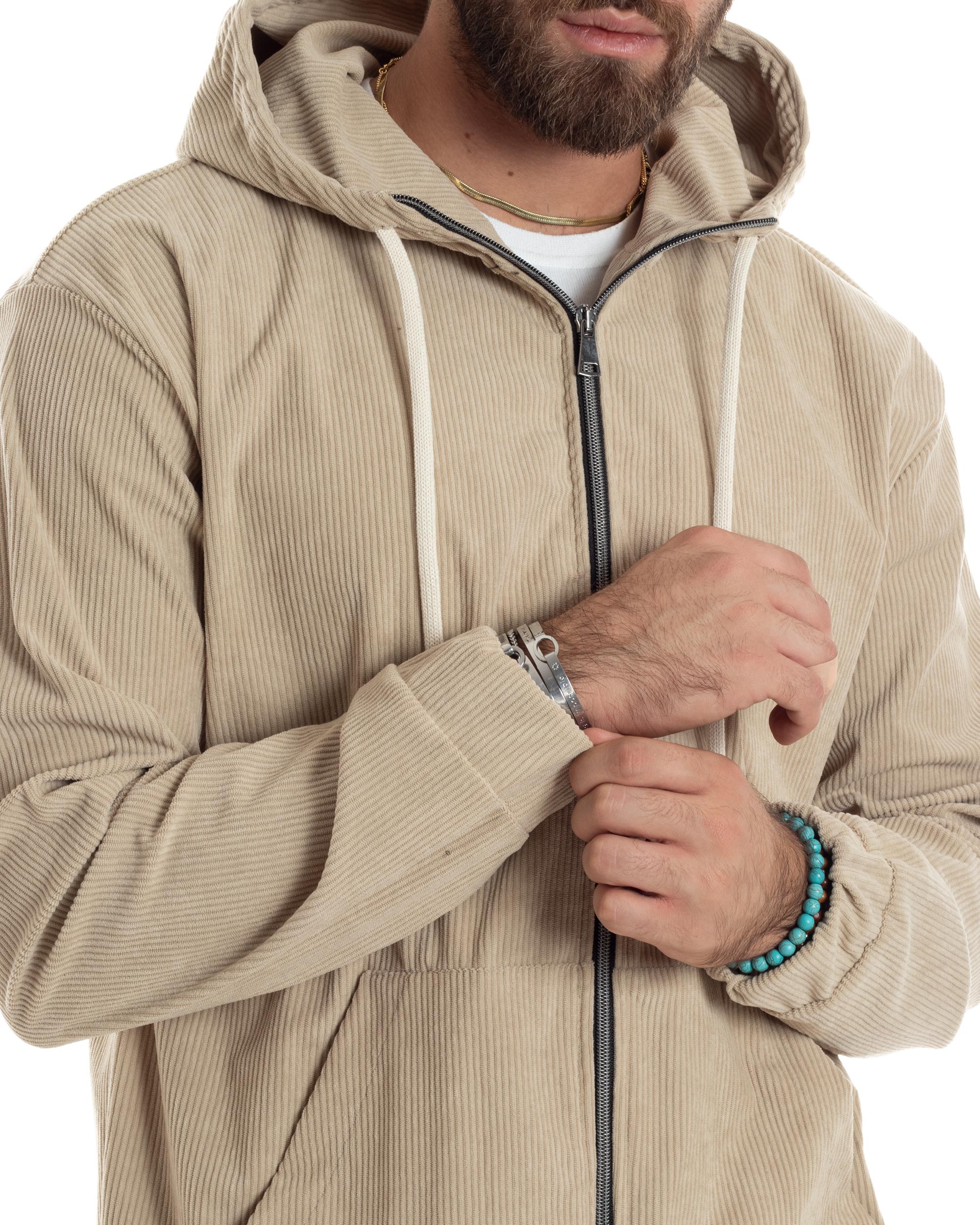 Coordinato Uomo Completo Tuta Velluto Coste Tinta Unita Beige Felpa Zip Pantaloni Cargo GIOSAL-OU2492A