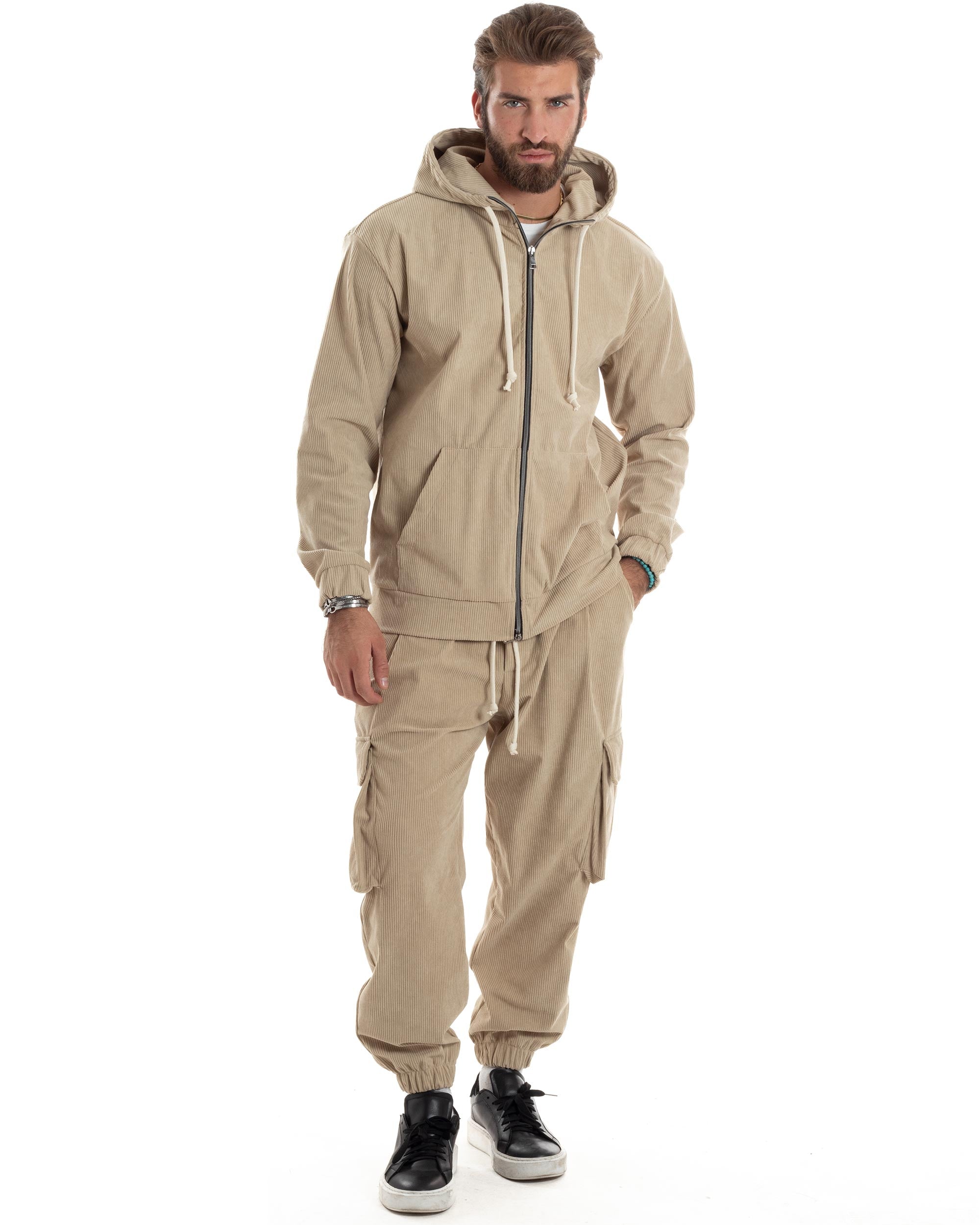 Coordinato Uomo Completo Tuta Velluto Coste Tinta Unita Beige Felpa Zip Pantaloni Cargo GIOSAL-OU2492A