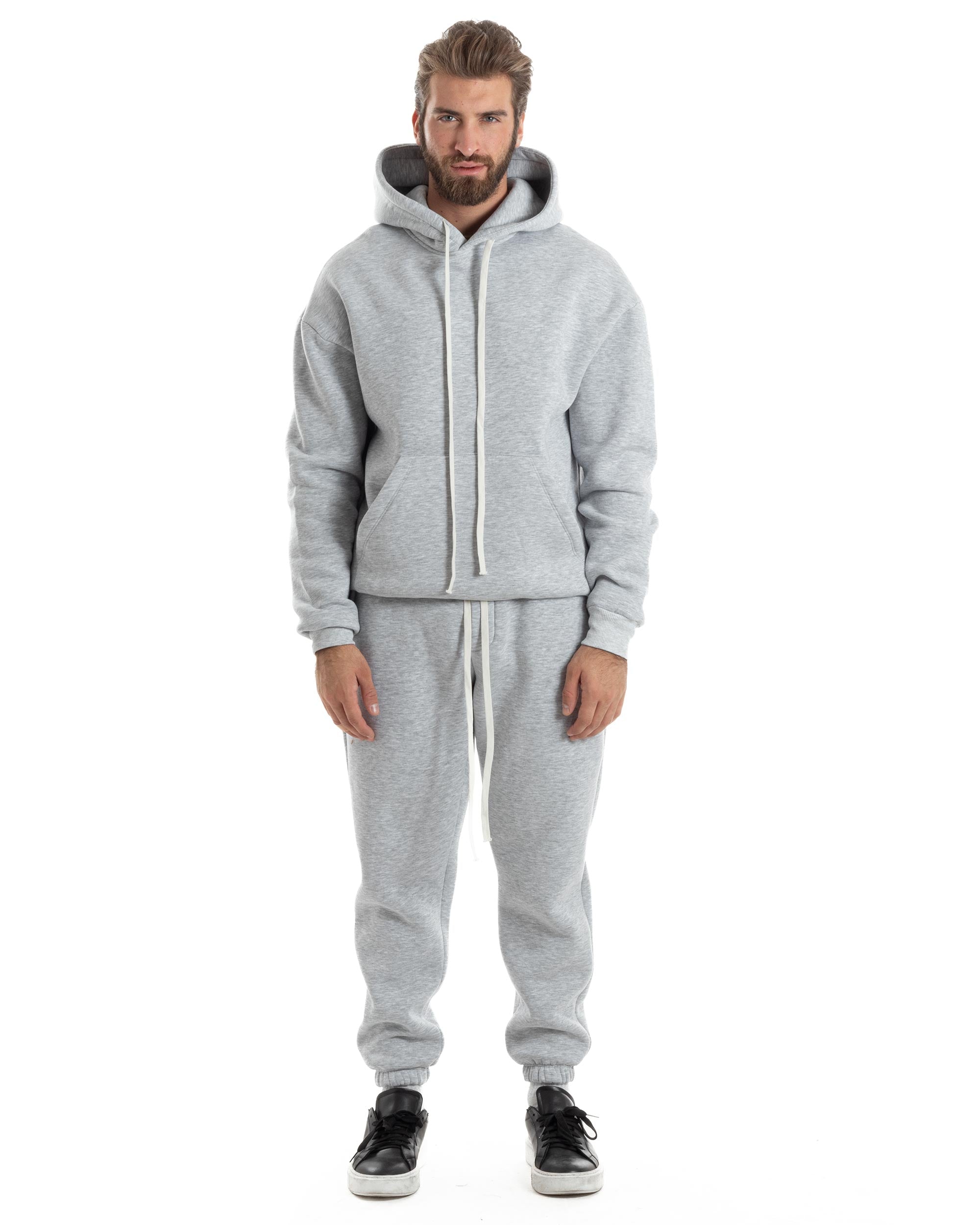 Completo Tuta Uomo Coordinato Outfit Felpa Con Cappuccio Pantaloni Jogger Tinta Unita Grigio GIOSAL-OU2493A