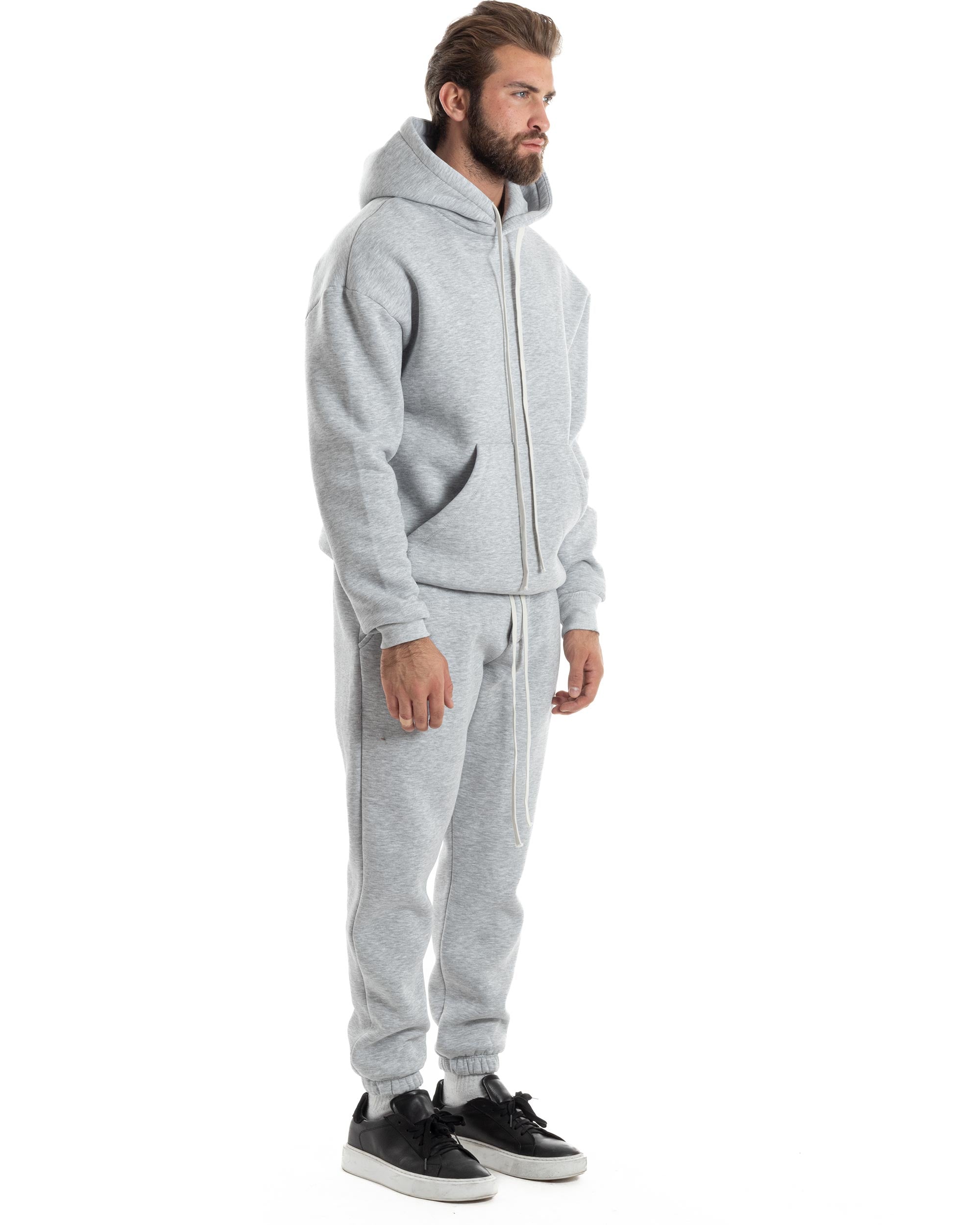 Completo Tuta Uomo Coordinato Outfit Felpa Con Cappuccio Pantaloni Jogger Tinta Unita Grigio GIOSAL-OU2493A