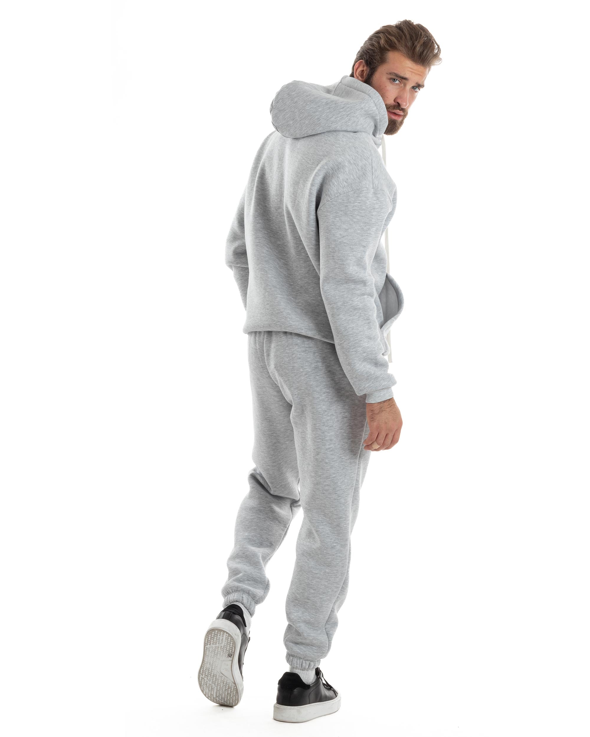 Completo Tuta Uomo Coordinato Outfit Felpa Con Cappuccio Pantaloni Jogger Tinta Unita Grigio GIOSAL-OU2493A