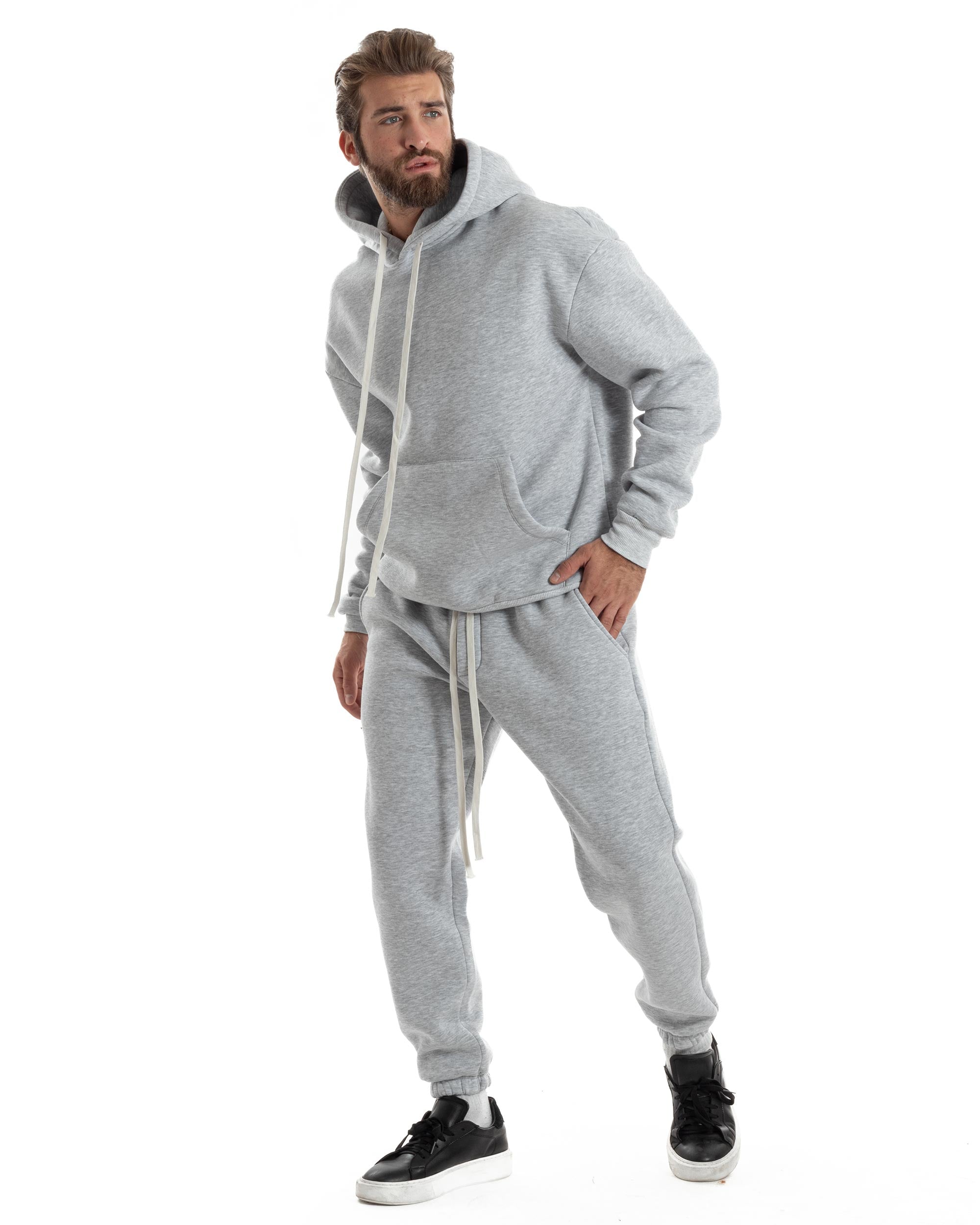 Completo Tuta Uomo Coordinato Outfit Felpa Con Cappuccio Pantaloni Jogger Tinta Unita Grigio GIOSAL-OU2493A