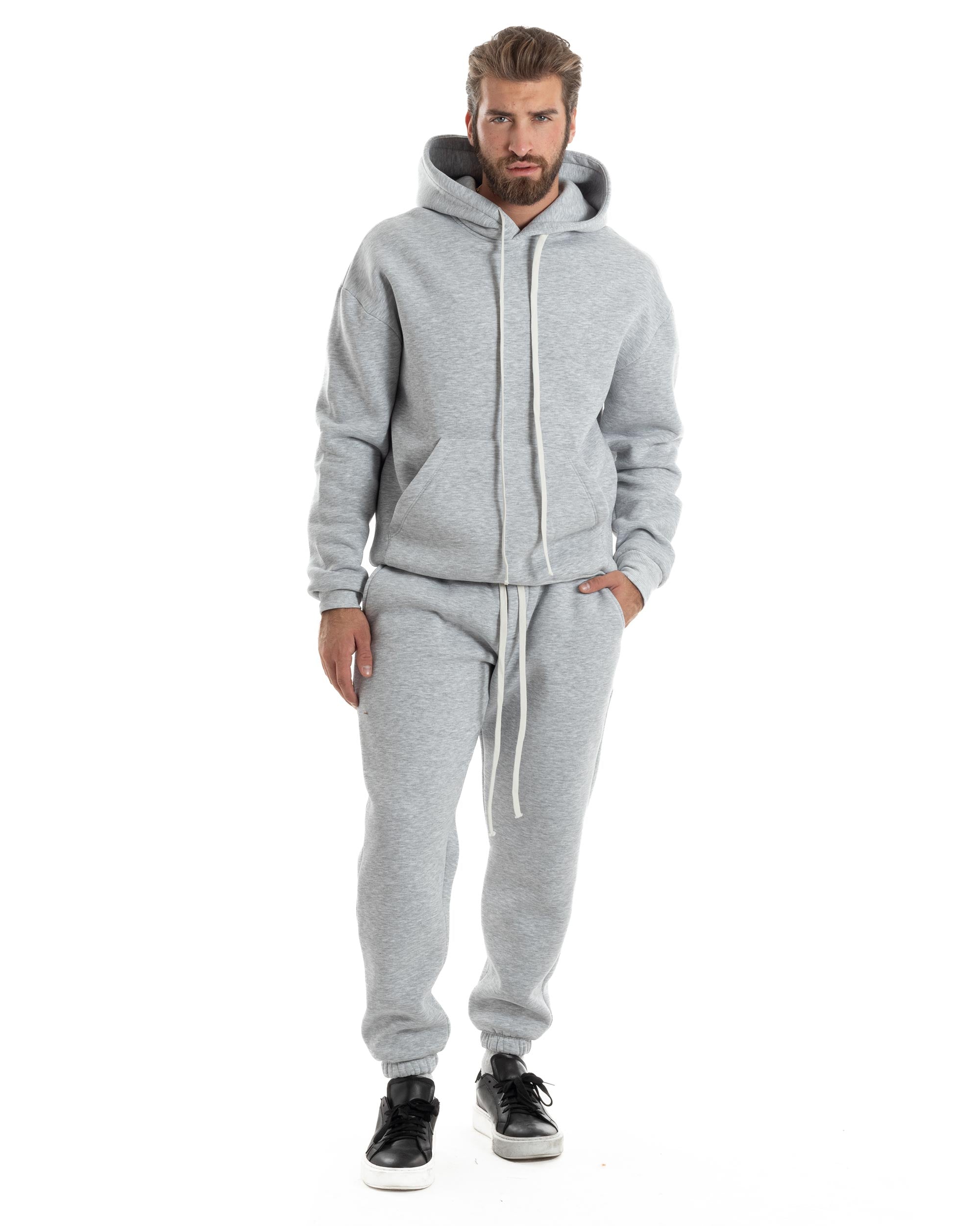 Completo Tuta Uomo Coordinato Outfit Felpa Con Cappuccio Pantaloni Jogger Tinta Unita Grigio GIOSAL-OU2493A