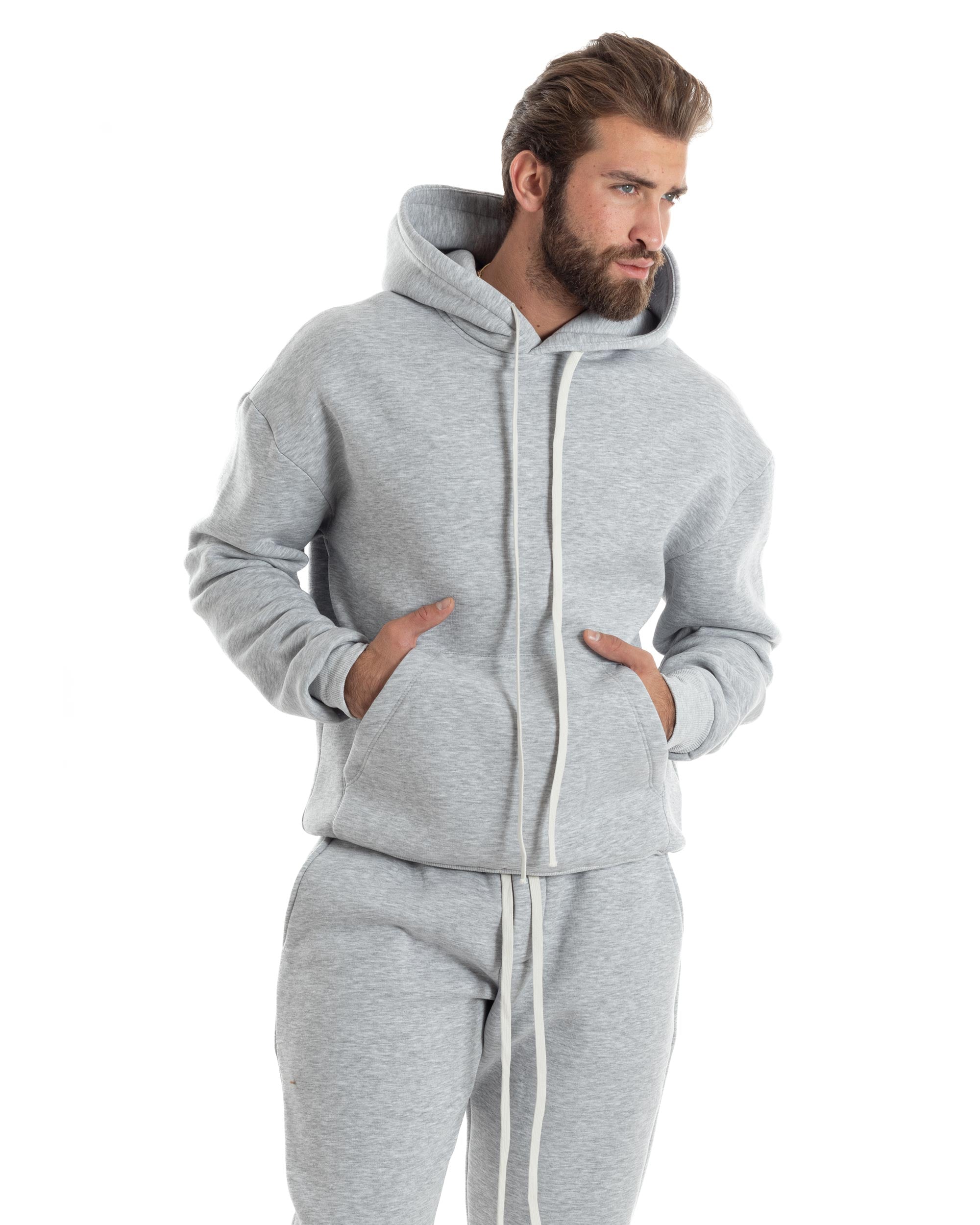 Completo Tuta Uomo Coordinato Outfit Felpa Con Cappuccio Pantaloni Jogger Tinta Unita Grigio GIOSAL-OU2493A